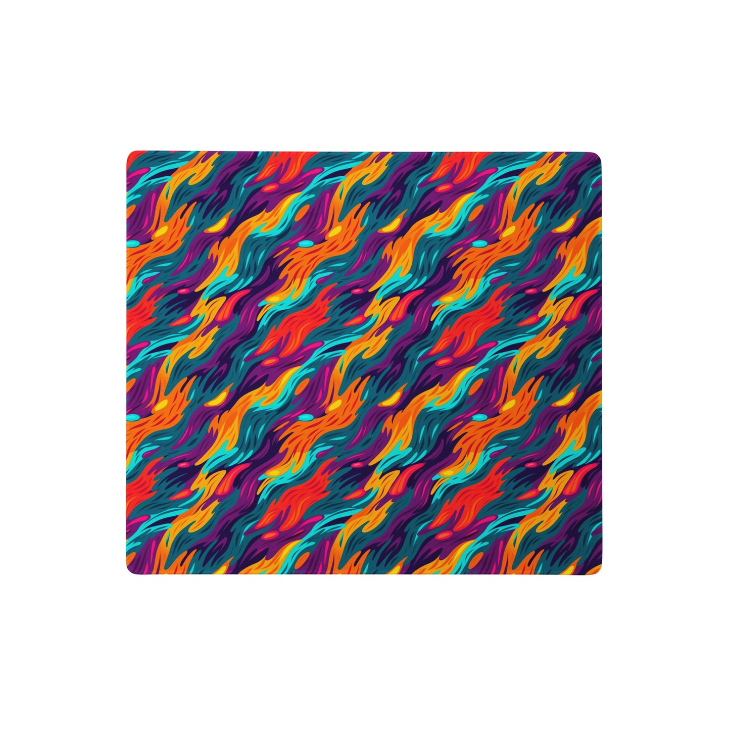 An 18" x 16" desk pad with a wavy flame pattern on it. Rainbow in color.