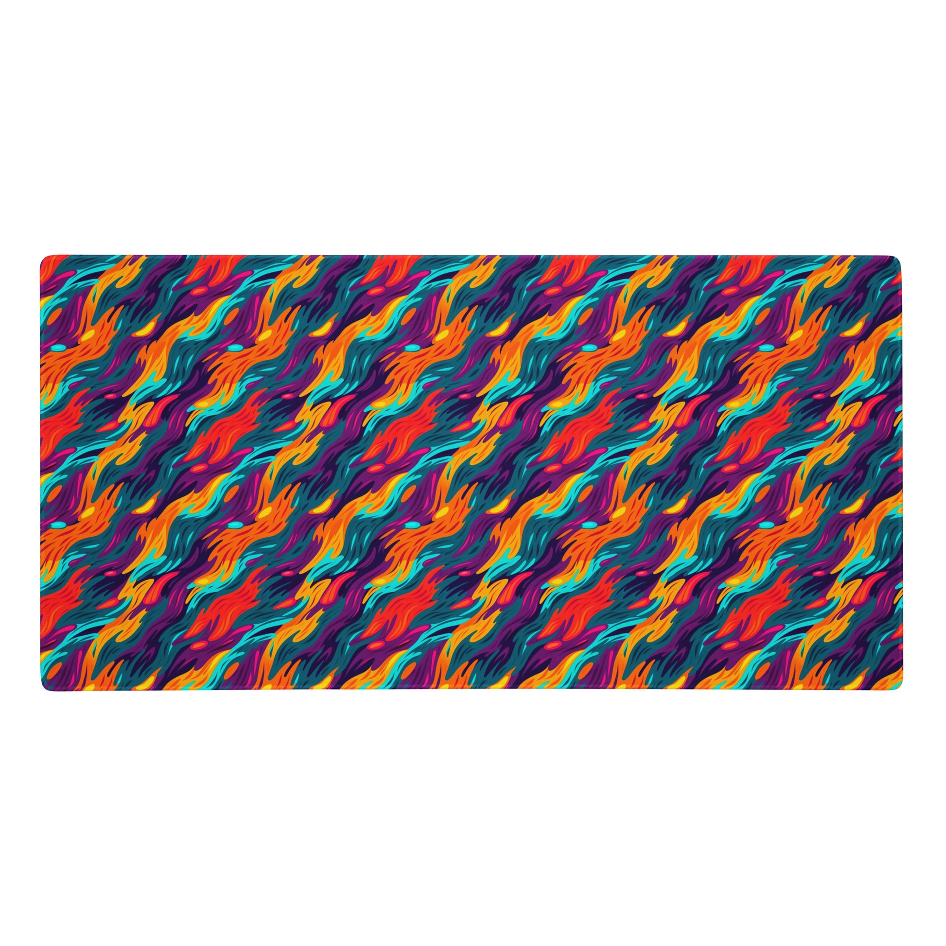A 36" x 18" desk pad with a wavy flame pattern on it. Rainbow in color.