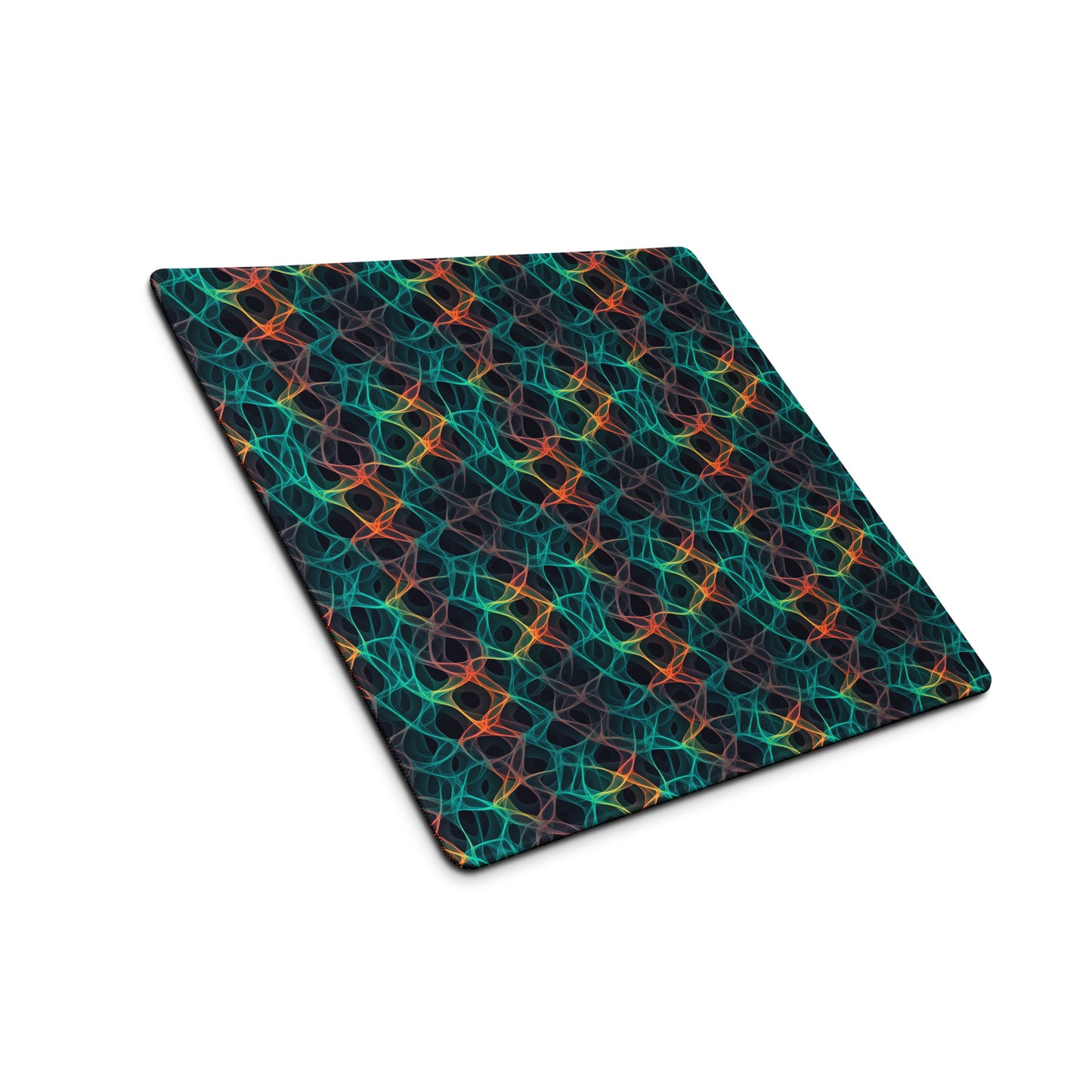 A 18" x 16" desk pad with an abstract pattern resembling a cell structure on it shown at an angle. Rainbow in color.