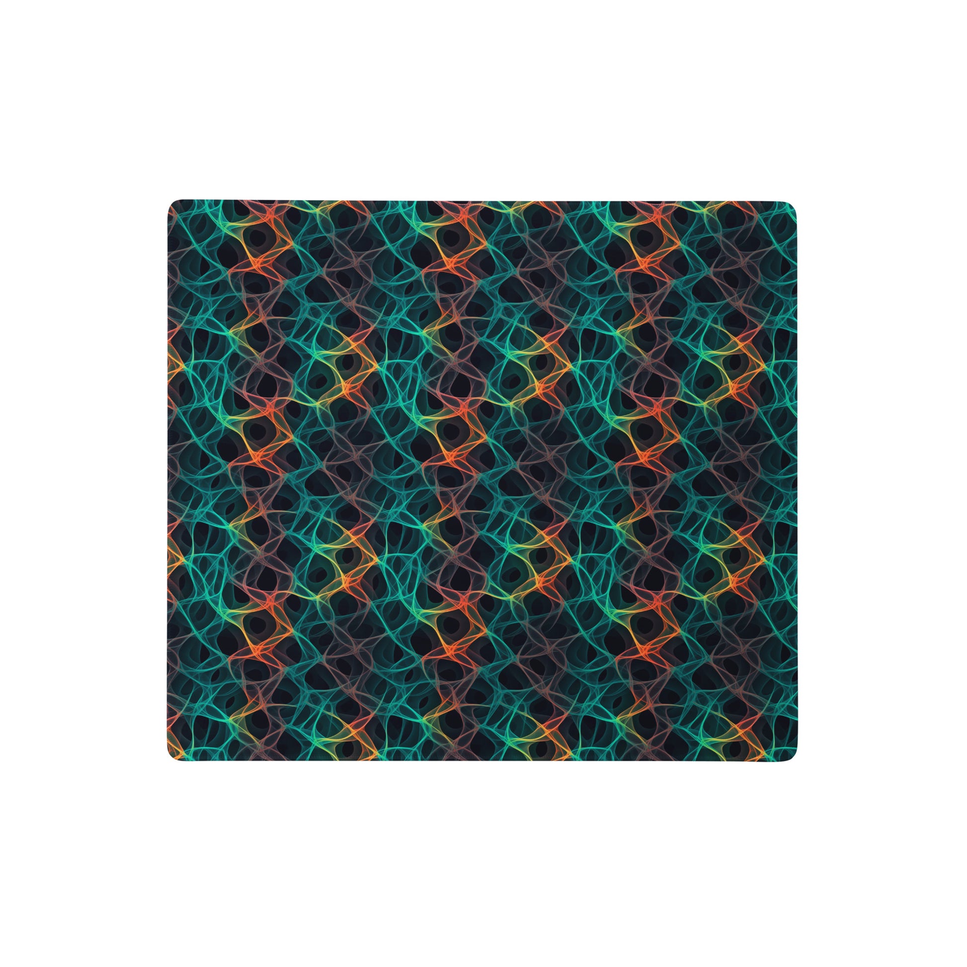A 18" x 16" desk pad with an abstract pattern resembling a cell structure on it. Rainbow in color.