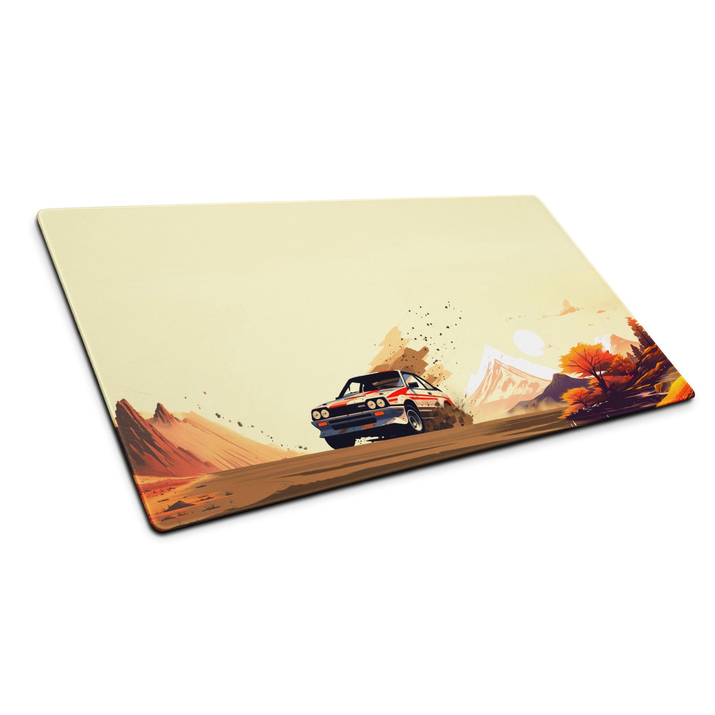 A 36" x 18" gaming desk pad with a Rally car racing through the desert shown at an angle. Brown and Beige in Color.