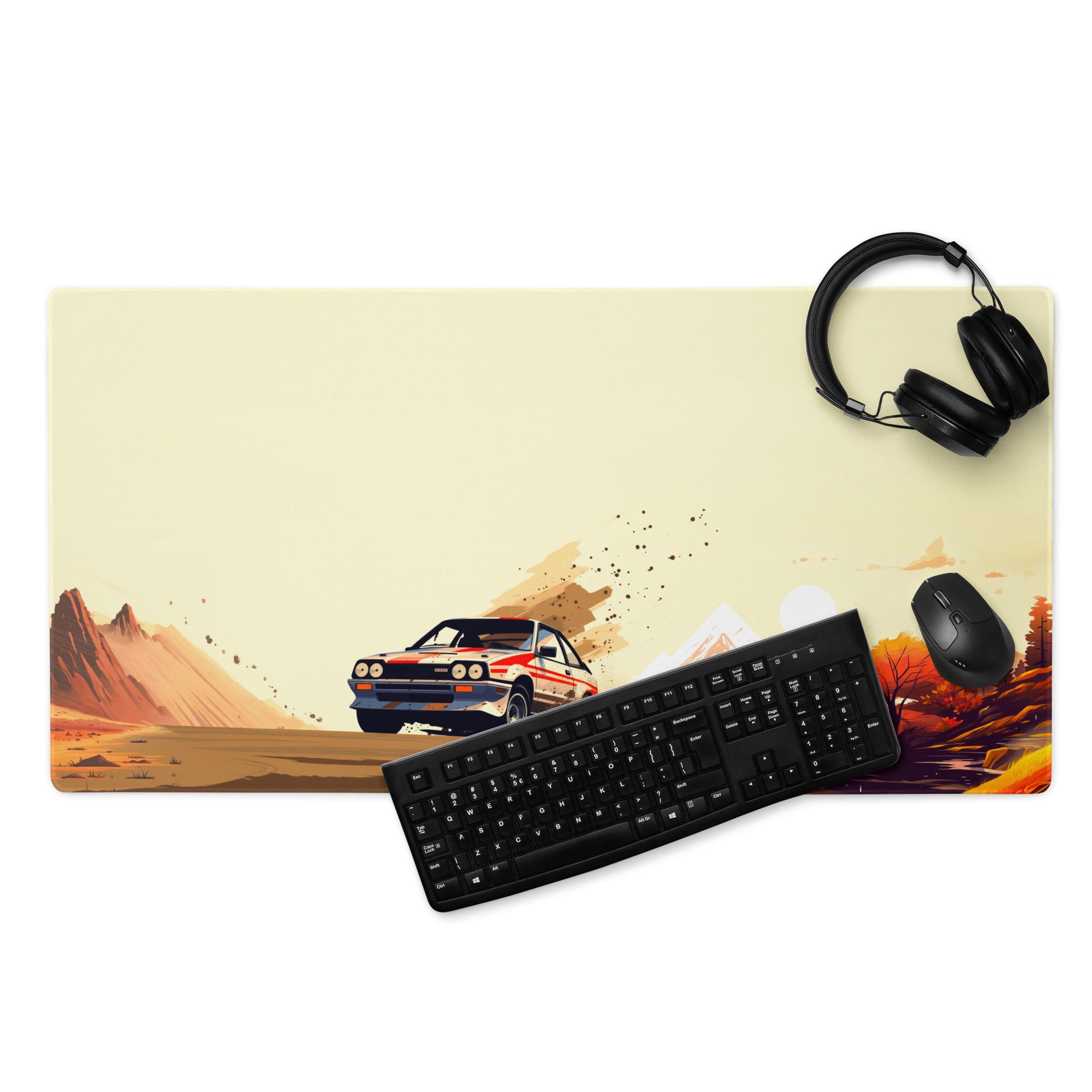 A 36" x 18" gaming desk pad with a Rally car racing through the desert displayed with a keyboard, headphones and a mouse. Brown and Beige in Color.