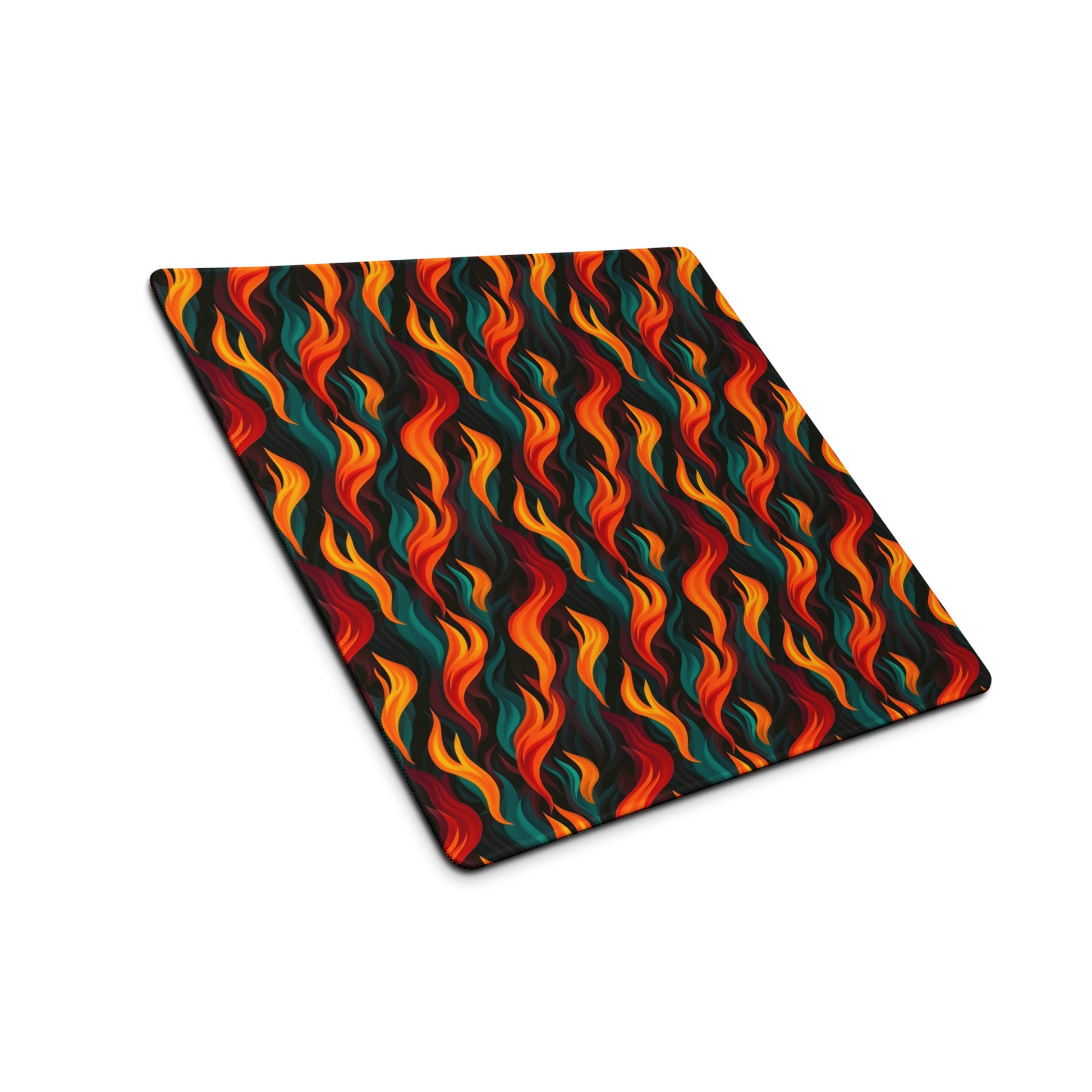 A 18" x 16" desk pad with a wavy flame pattern on it shown at an angle. Red and Teal in color.