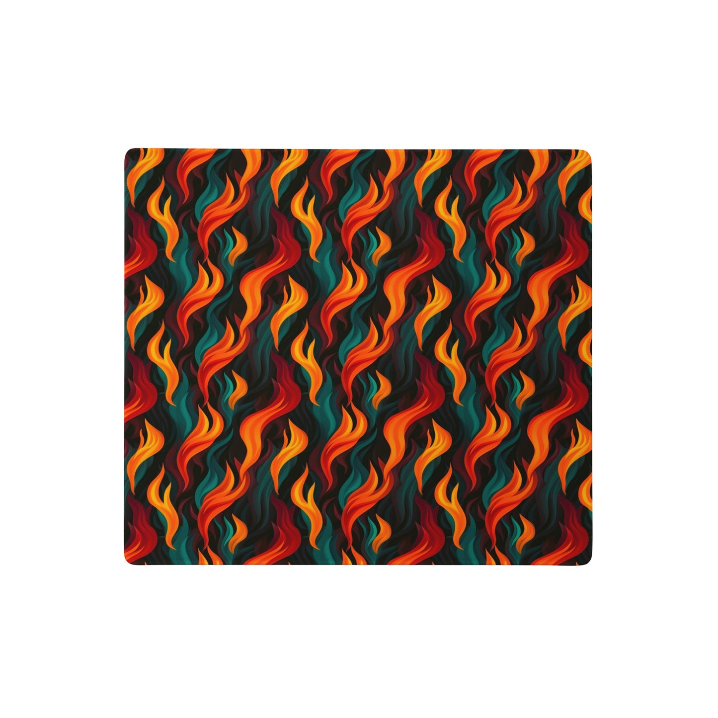 A 18" x 16" desk pad with a wavy flame pattern on it. Red and Teal in color.