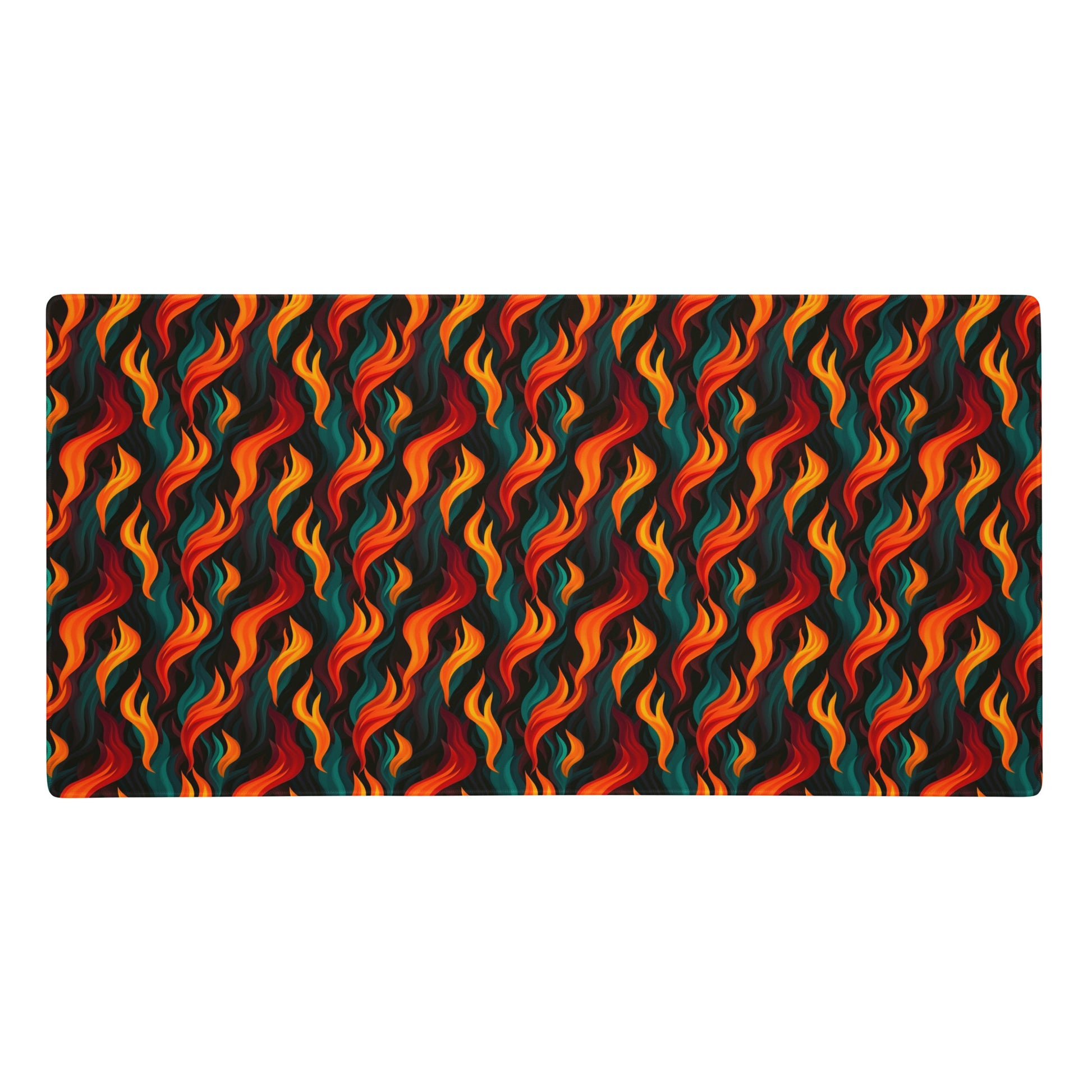 A 36" x 18" desk pad with a wavy flame pattern on it. Red and Teal in color.