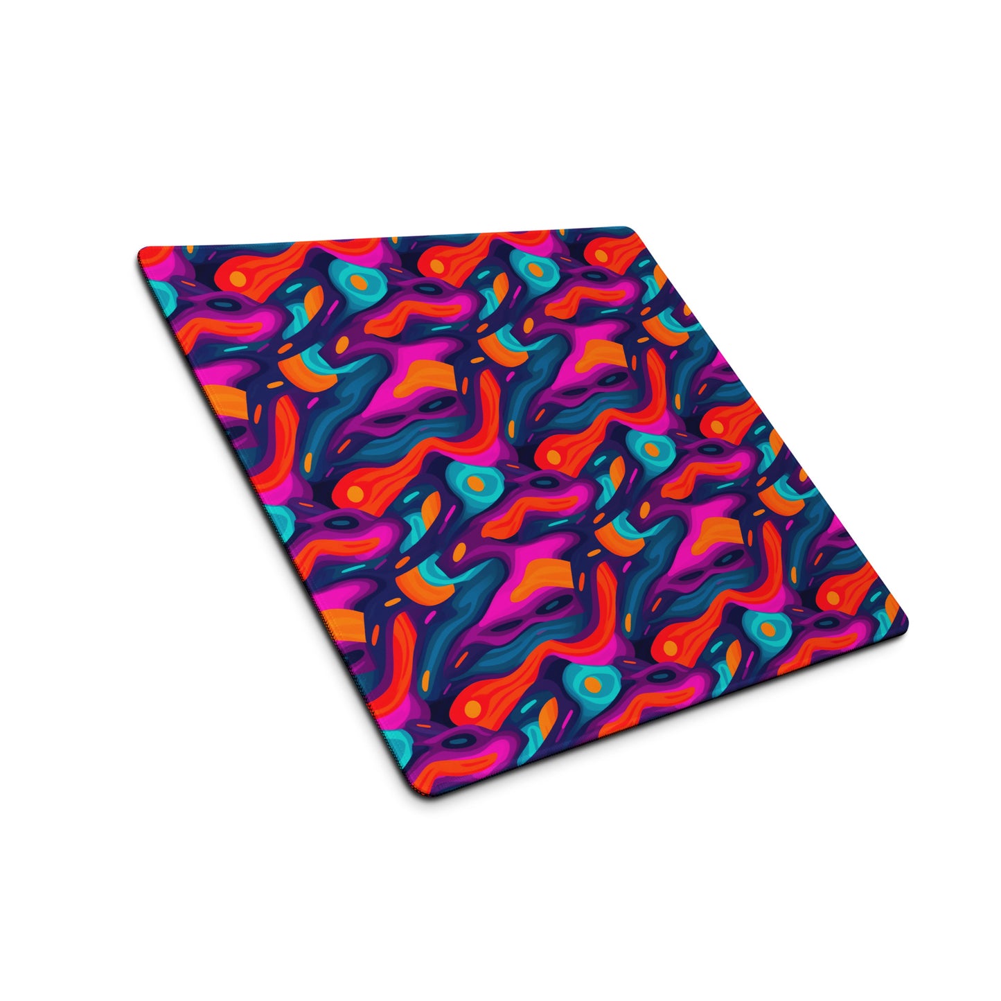 A 18" x 16" desk pad with a wavy abstract pattern on it shown at an angle. Blue, Purple and Red in color.