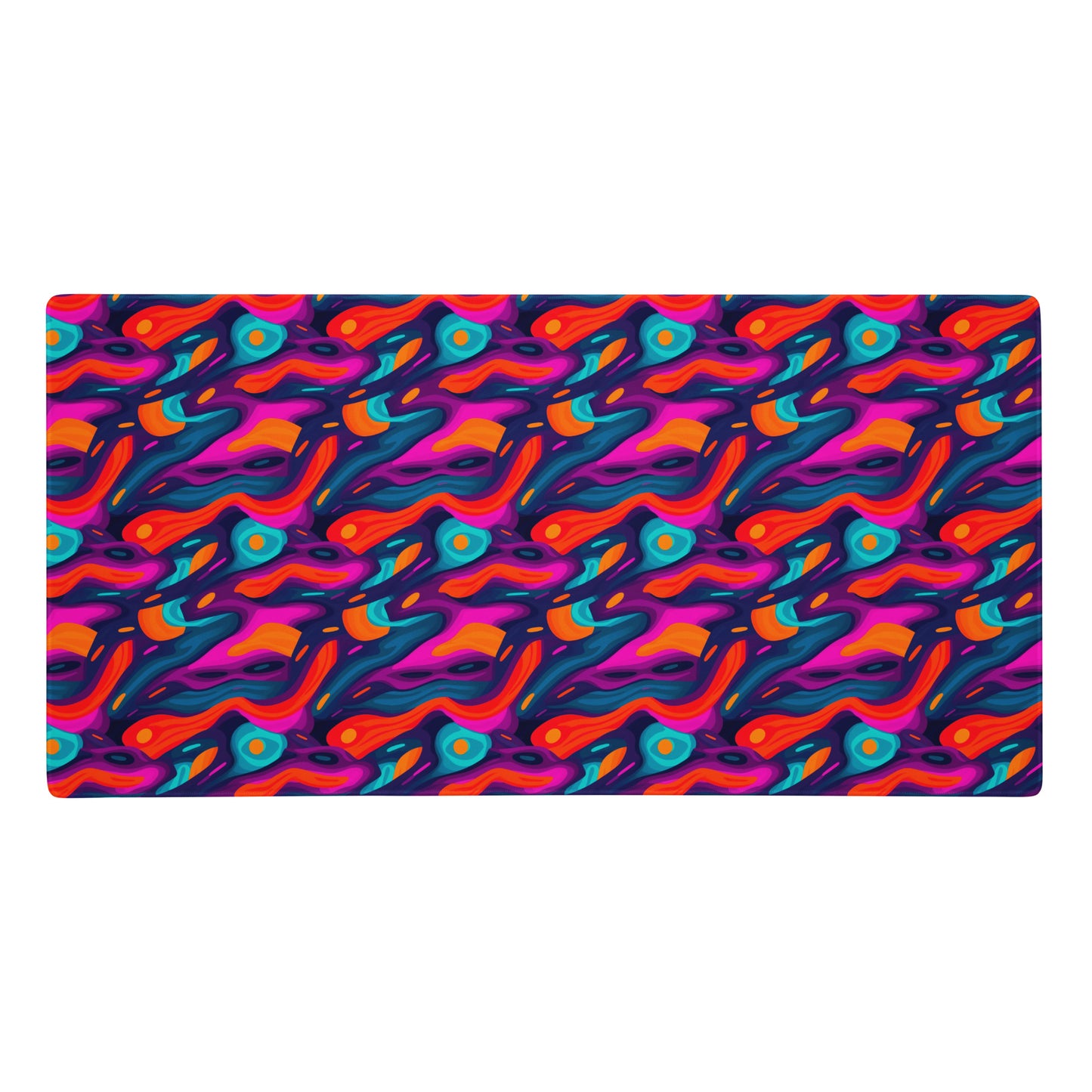 A 36" x 18" desk pad with a wavy abstract pattern on it. Blue, Purple and Red in color.