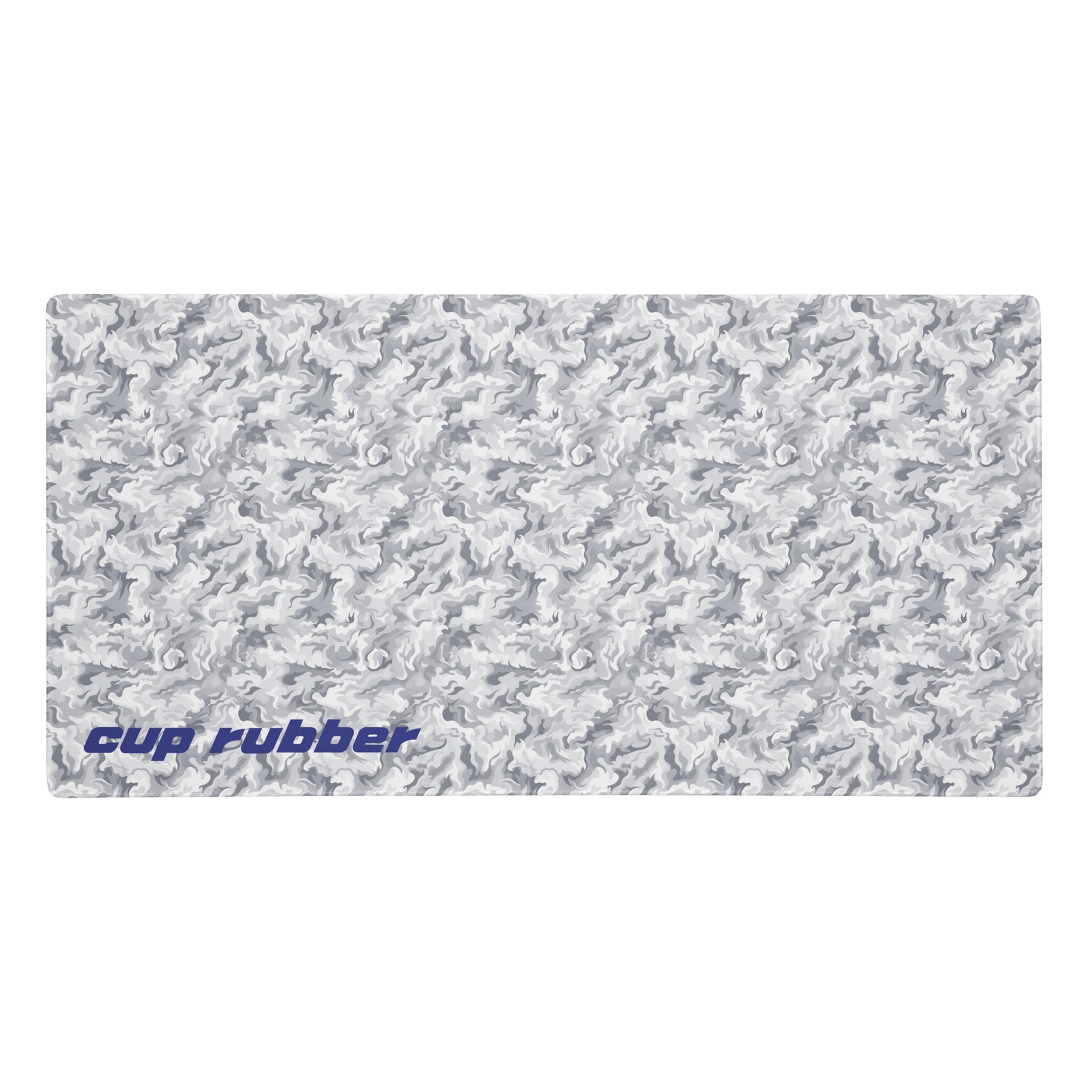A 36" x 18" desk pad with a camo pattern and the word "Cup Rubber" on it in the bottom left corner. Beige and White in color.