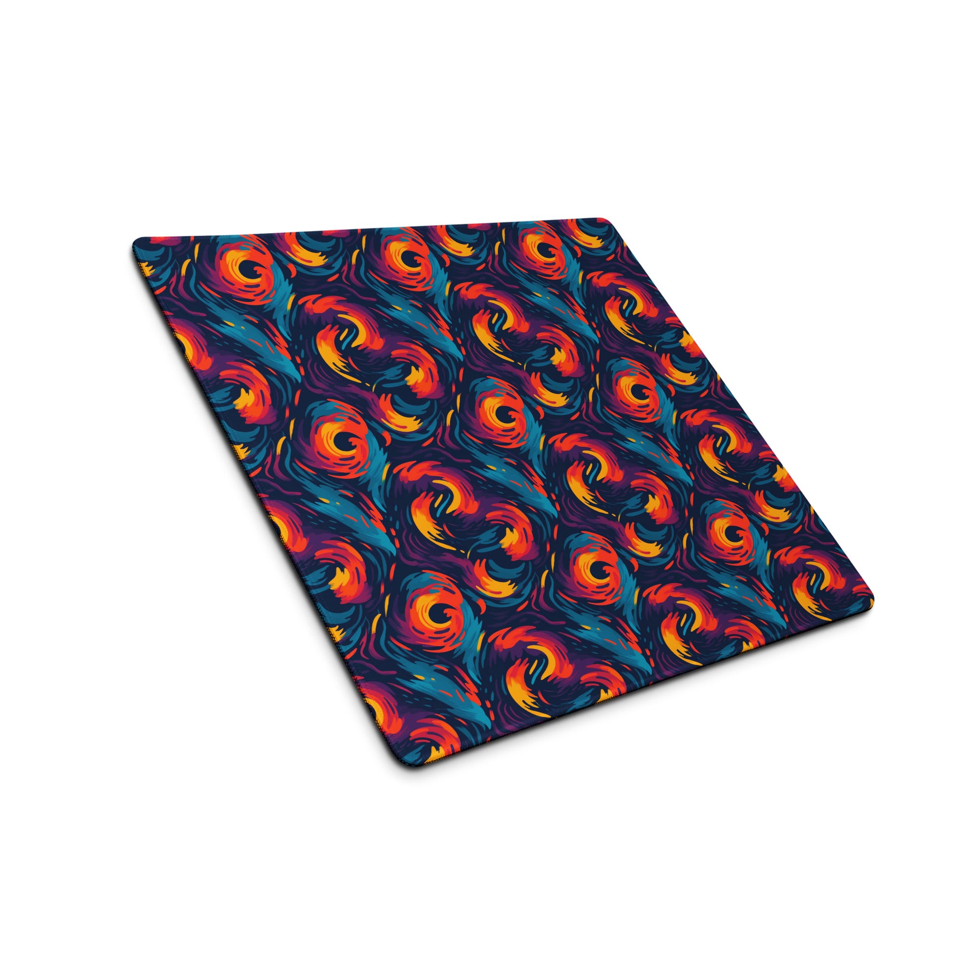 A 18" x 16" desk pad with fiery swirls on it shown at an angle. Red and Blue in color.