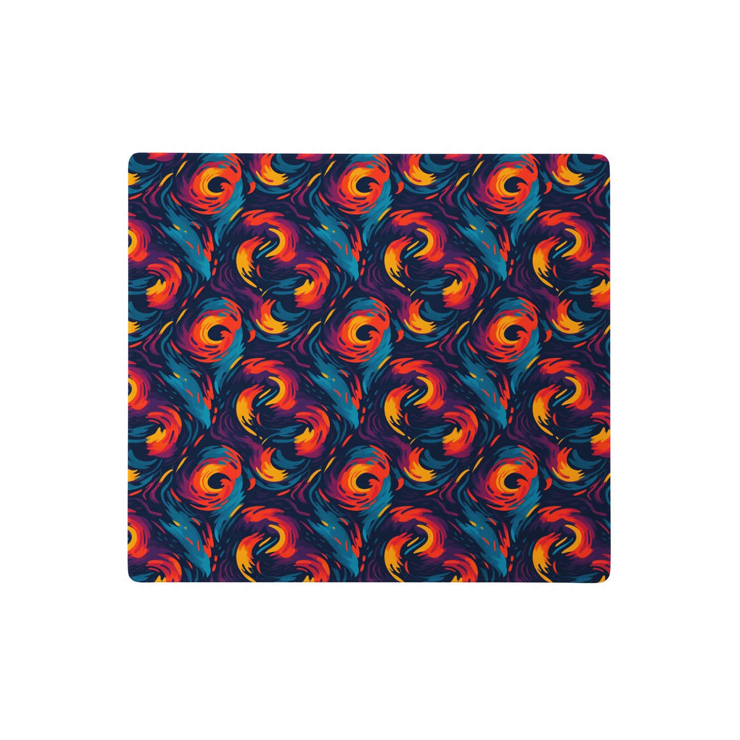 A 18" x 16" desk pad with fiery swirls on it. Red and Blue in color.