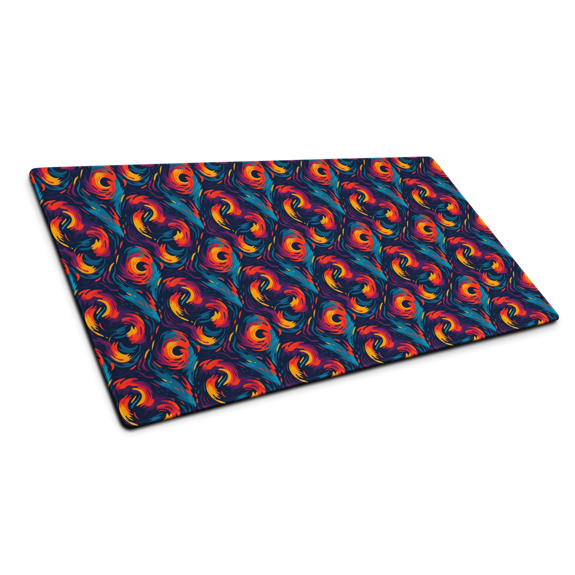 A 36" x 18" desk pad with fiery swirls on it shown at an angle. Red and Blue in color.