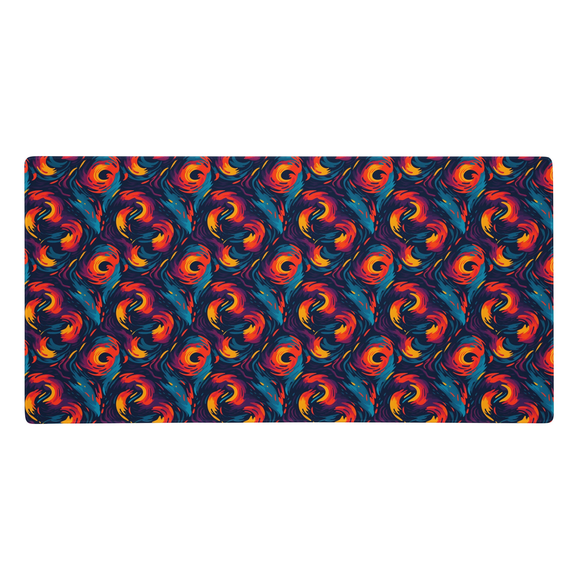 A 36" x 18" desk pad with fiery swirls on it. Red and Blue in color.