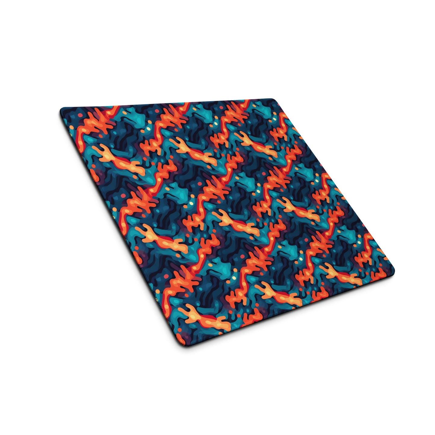 A 18" x 16" desk pad with a wavy woven pattern on it shown at an angle. Red and Blue in color.