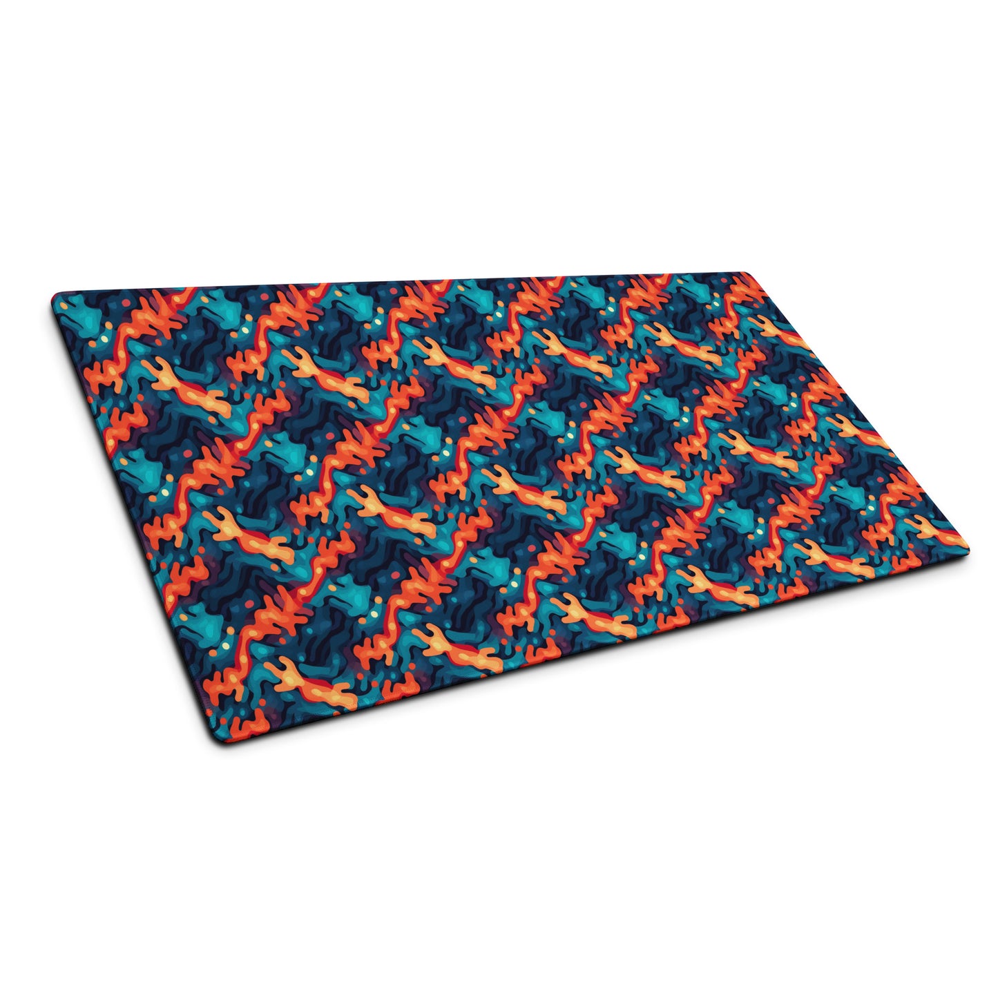 A 36" x 18" desk pad with a wavy woven pattern on it shown at an angle. Red and Blue in color.