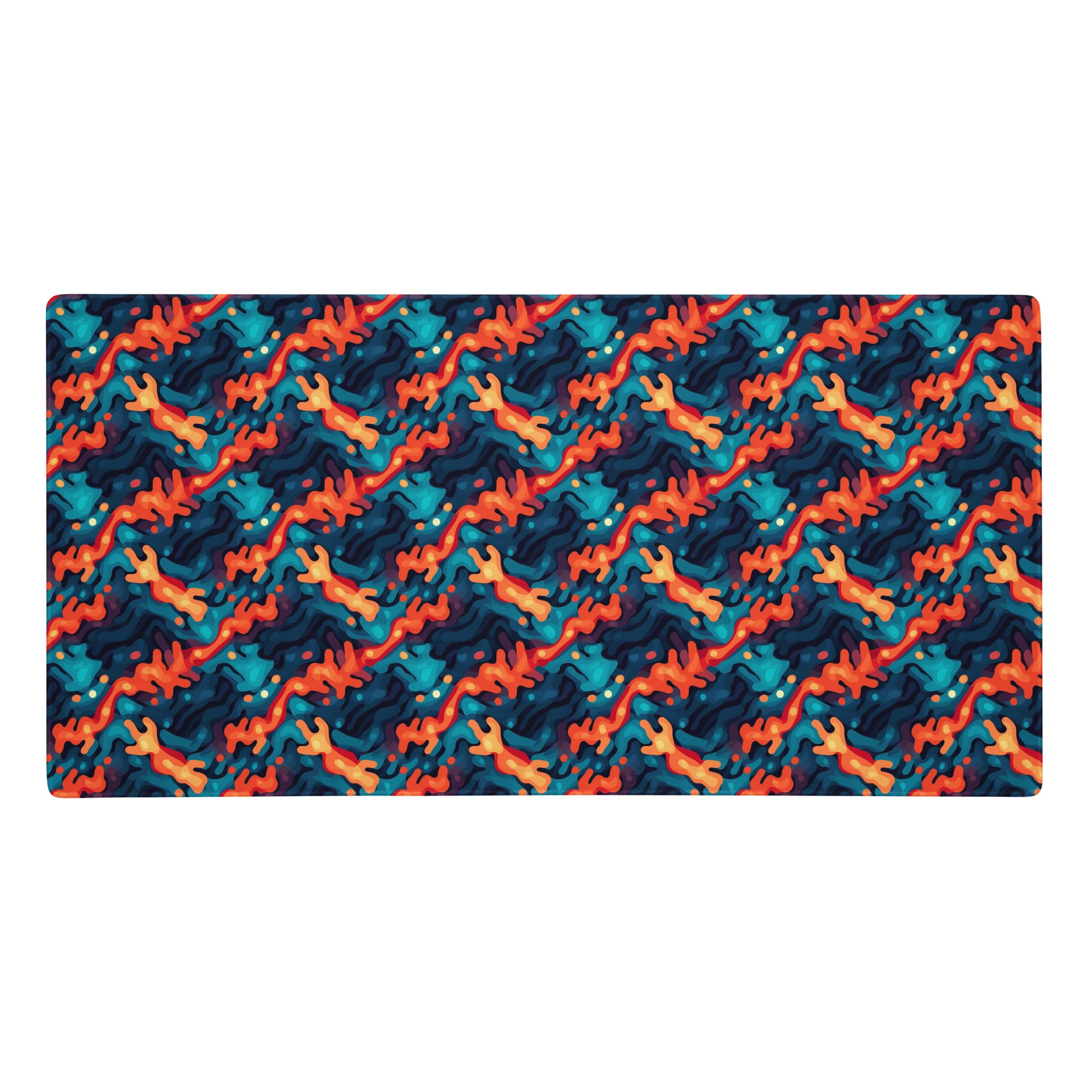 A 36" x 18" desk pad with a wavy woven pattern on it. Red and Blue in color.