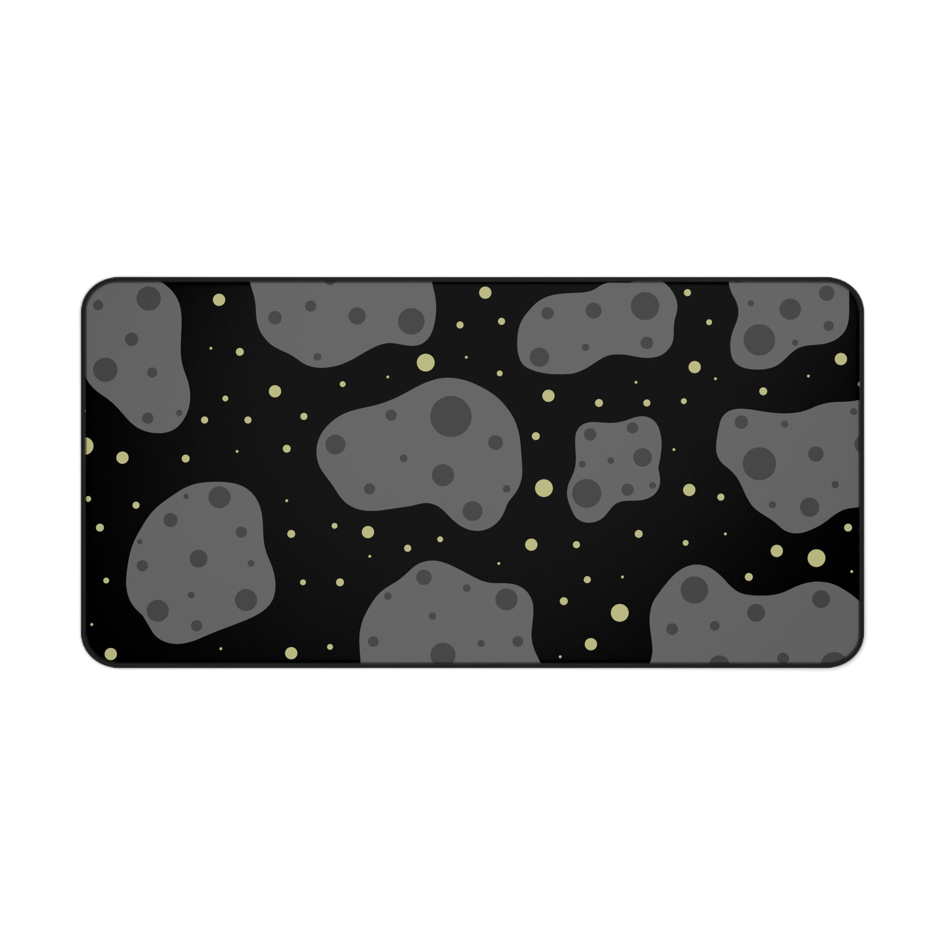 A 31" x 15.5" desk mat with a black background, gray asteroids, and yellow stars.