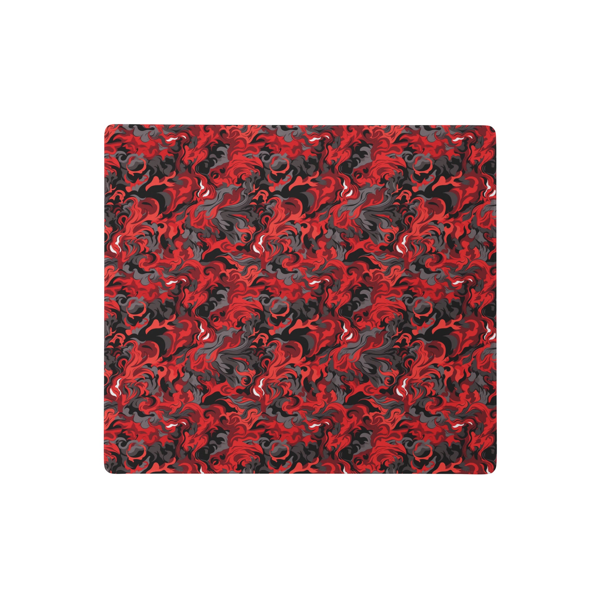 A 18" x 16" desk pad with a black and red camo pattern.