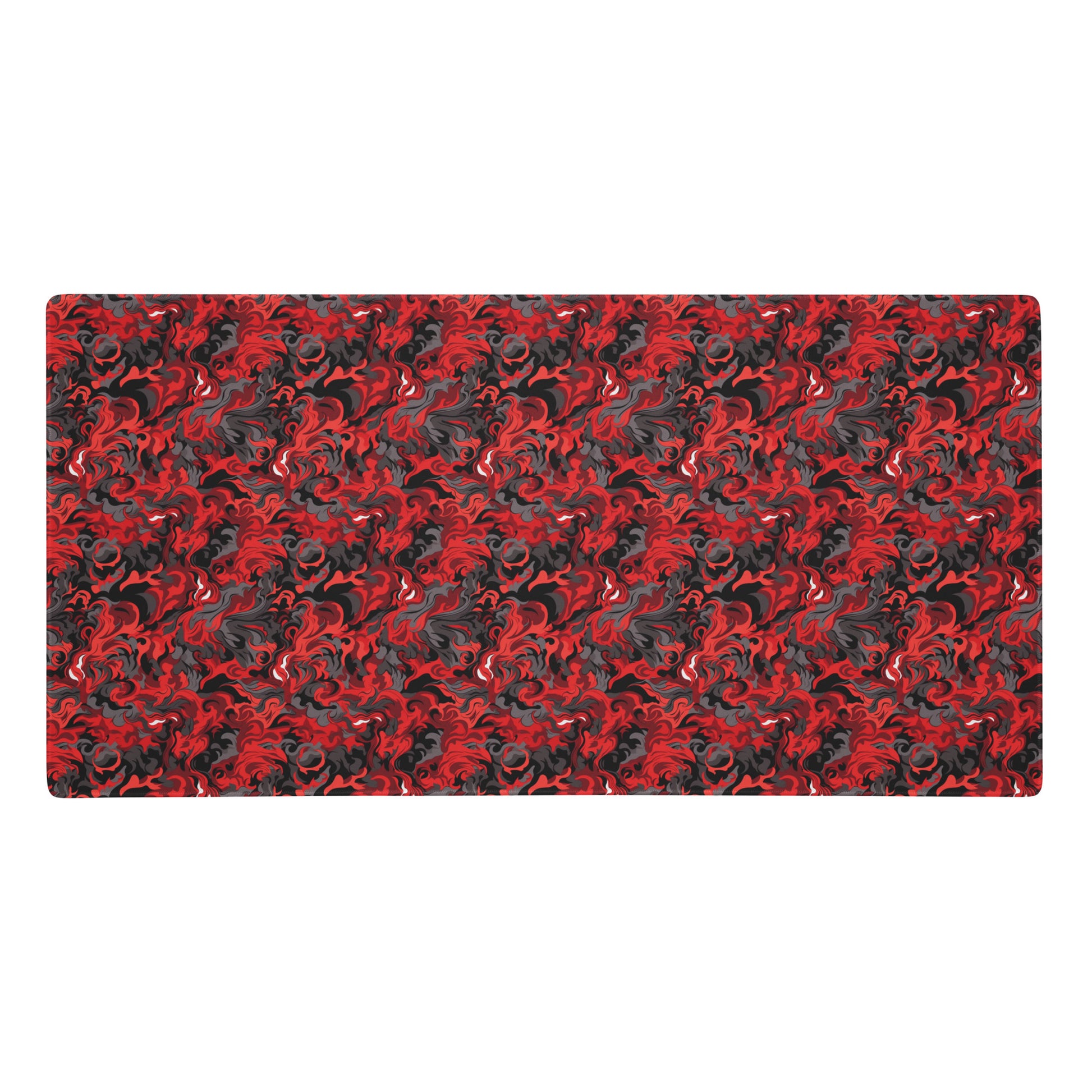 A 36" x 18" desk pad with a black and red camo pattern.