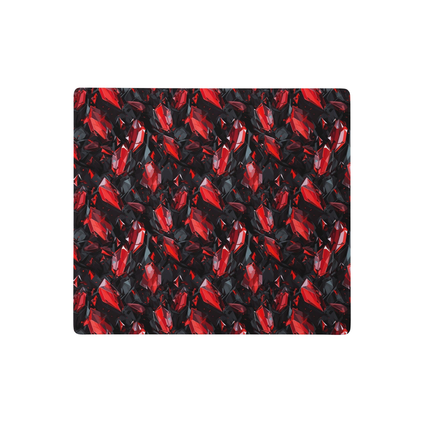 An 18" x 16" gaming desk pad with black and red crystals.