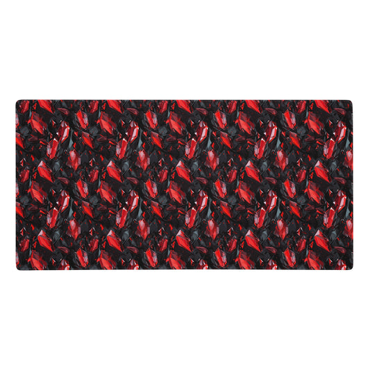 A 36" x 18" gaming desk pad with black and red crystals.