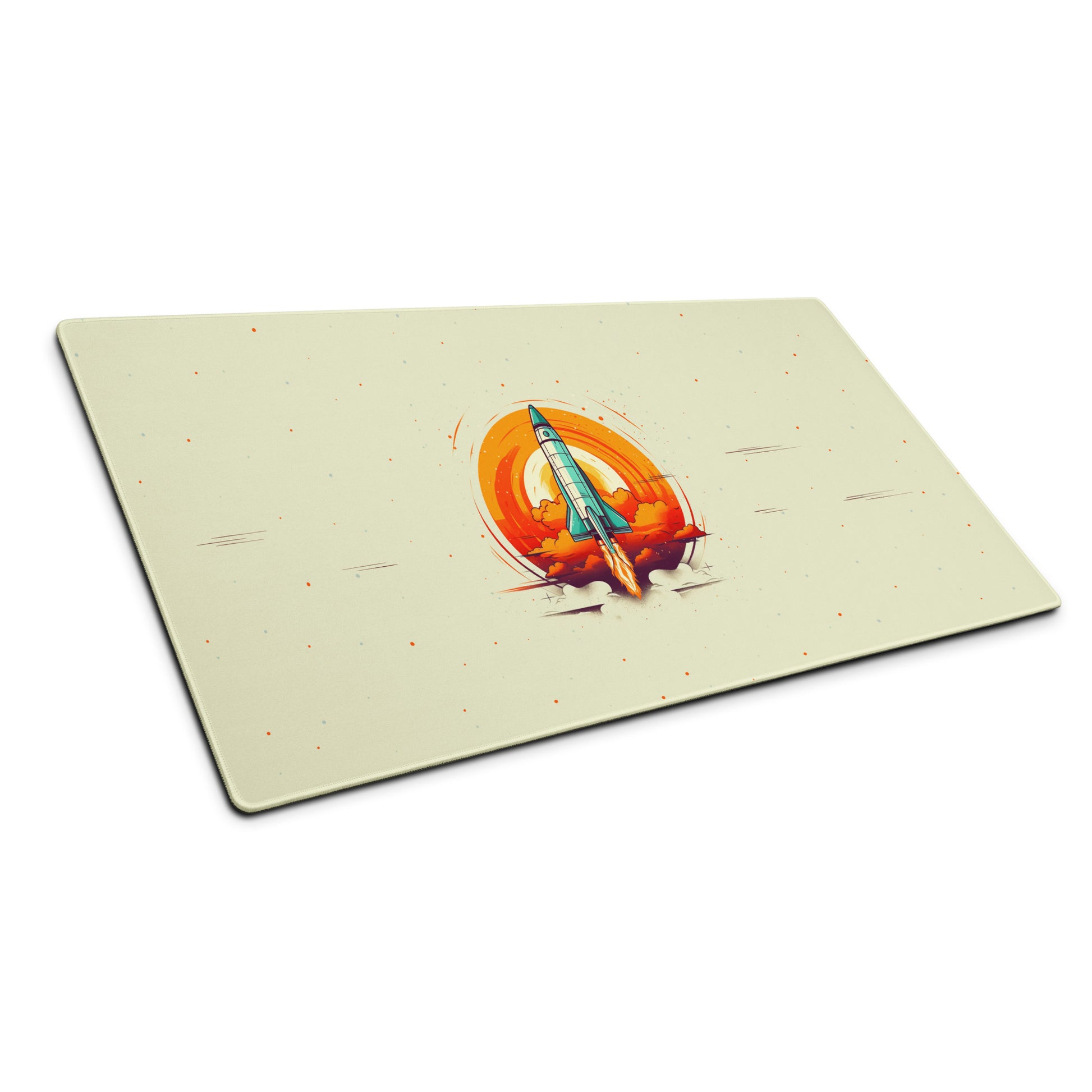 A 36" x 18" desk pad with a space shuttle blasting off sitting at an angle. Beige in color.