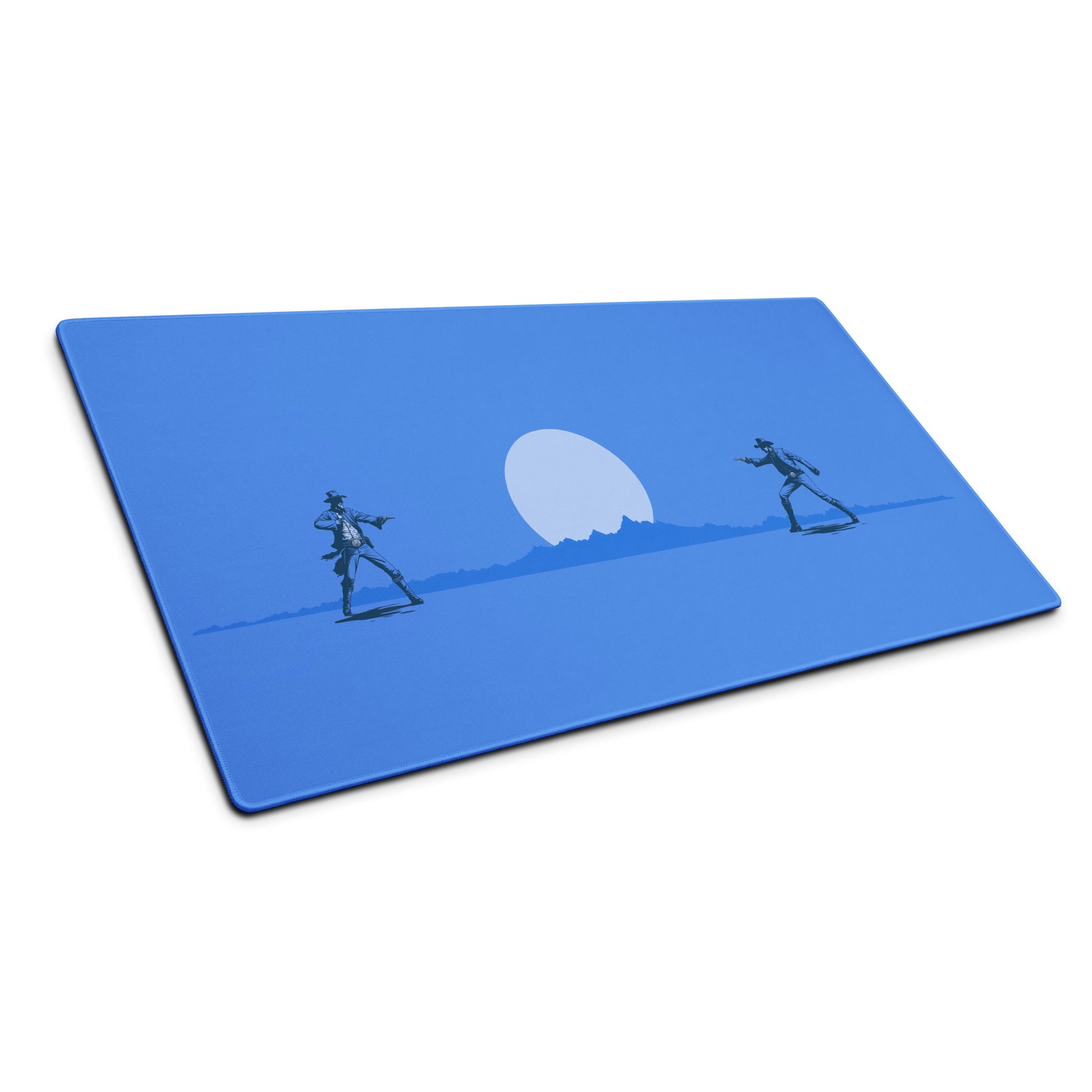 A blue 36" x 18" desk pad with two cowboys dueling sitting at an angle