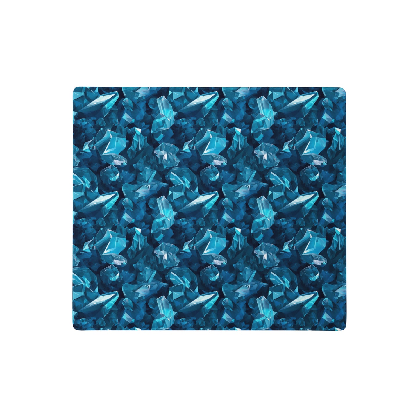An 18" x 16" gaming desk pad with blue crystals.