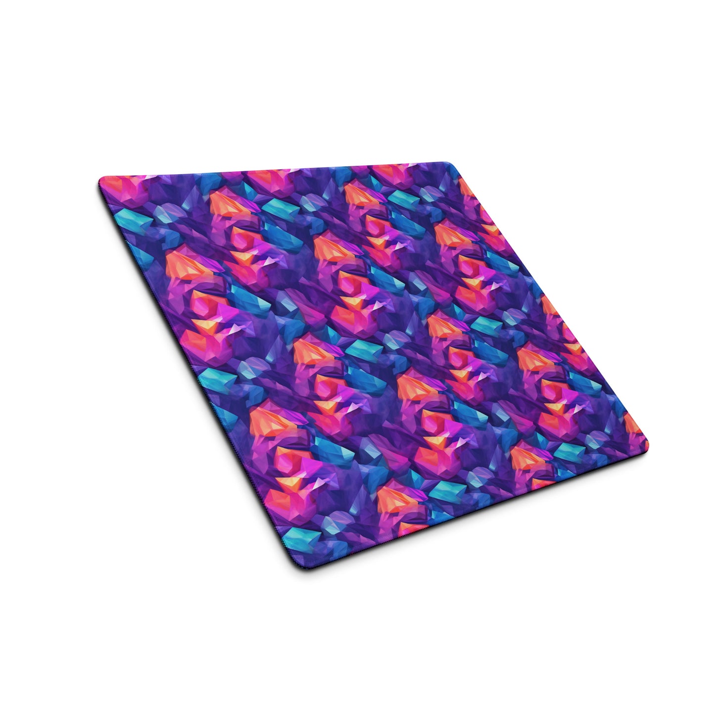 An 18" x 16" gaming desk pad with blue, purple, and orange crystals sitting at an angle.