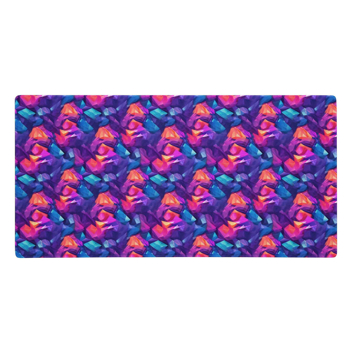 A 36" x 18" gaming desk pad with blue, purple, and orange crystals.