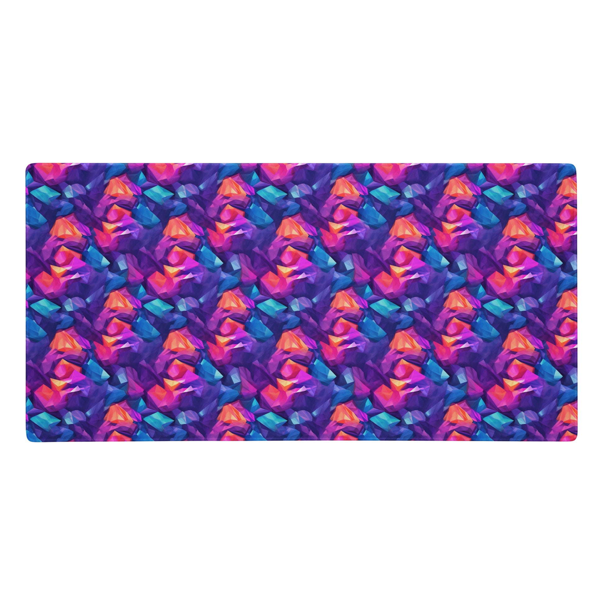 A 36" x 18" gaming desk pad with blue, purple, and orange crystals.