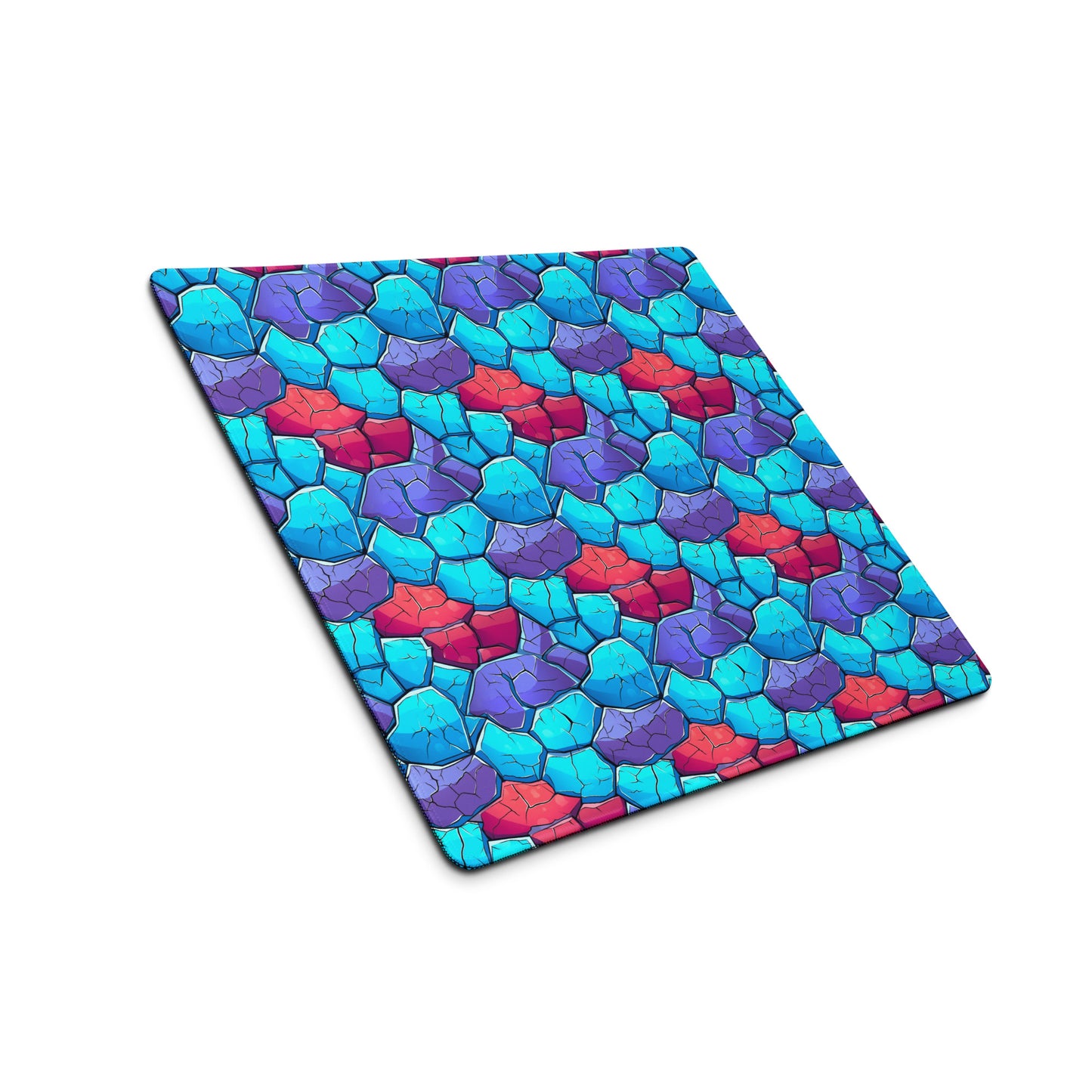 An 18" x 16" gaming desk pad with blue, red, and purple crystals sitting at an angle.