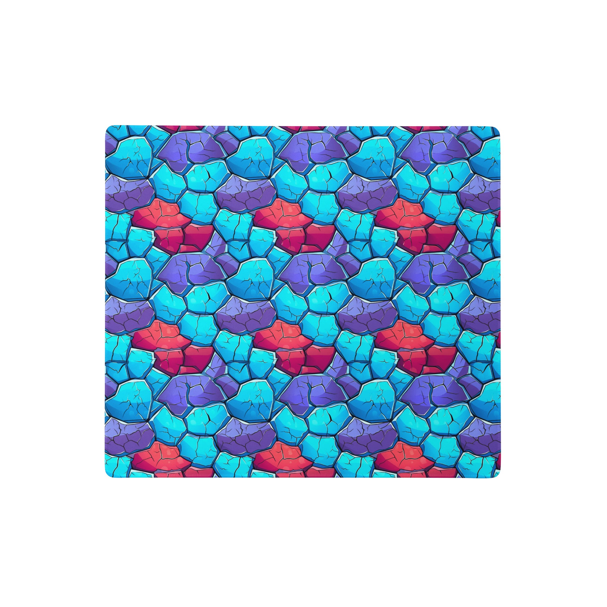 An 18" x 16" gaming desk pad with blue, red, and purple crystals.