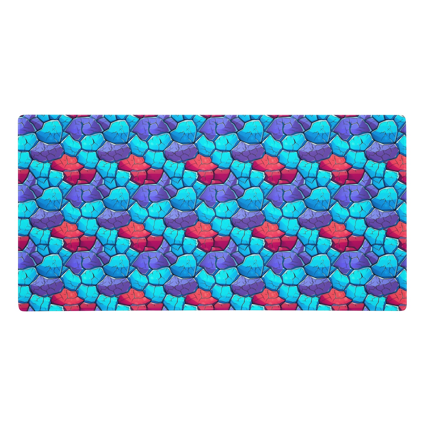 A 36" x 18" gaming desk pad with blue, red, and purple crystals.