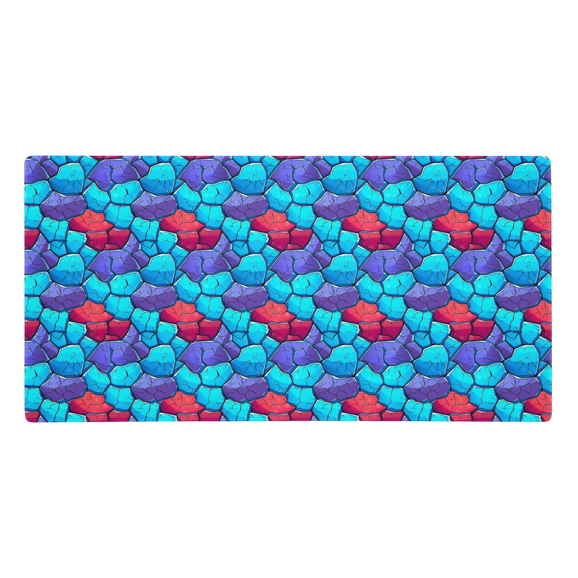 A 36" x 18" gaming desk pad with blue, red, and purple crystals.