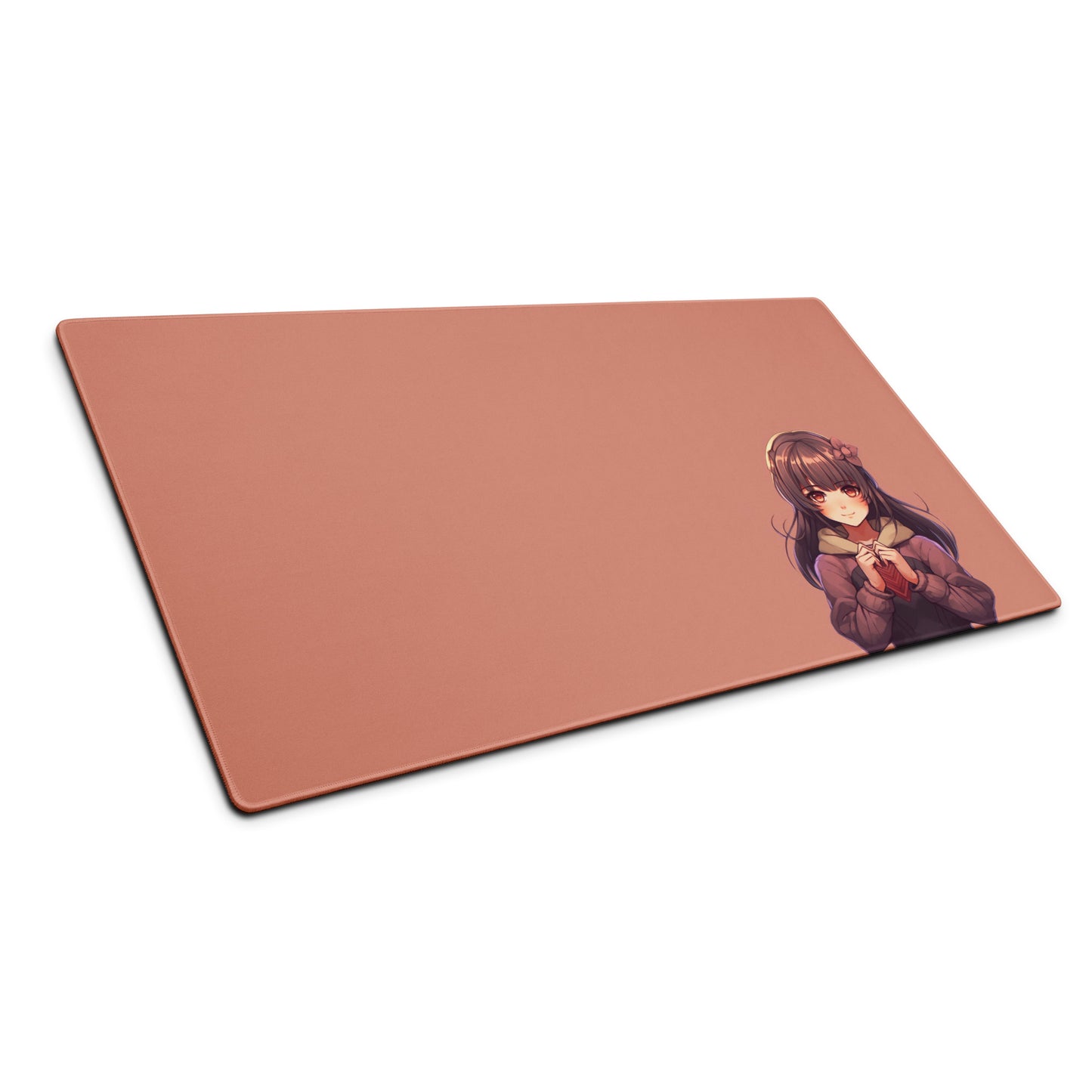 A 36" x 18" gaming desk pad with a blushing anime girl on a rose gold background sitting at an angle.