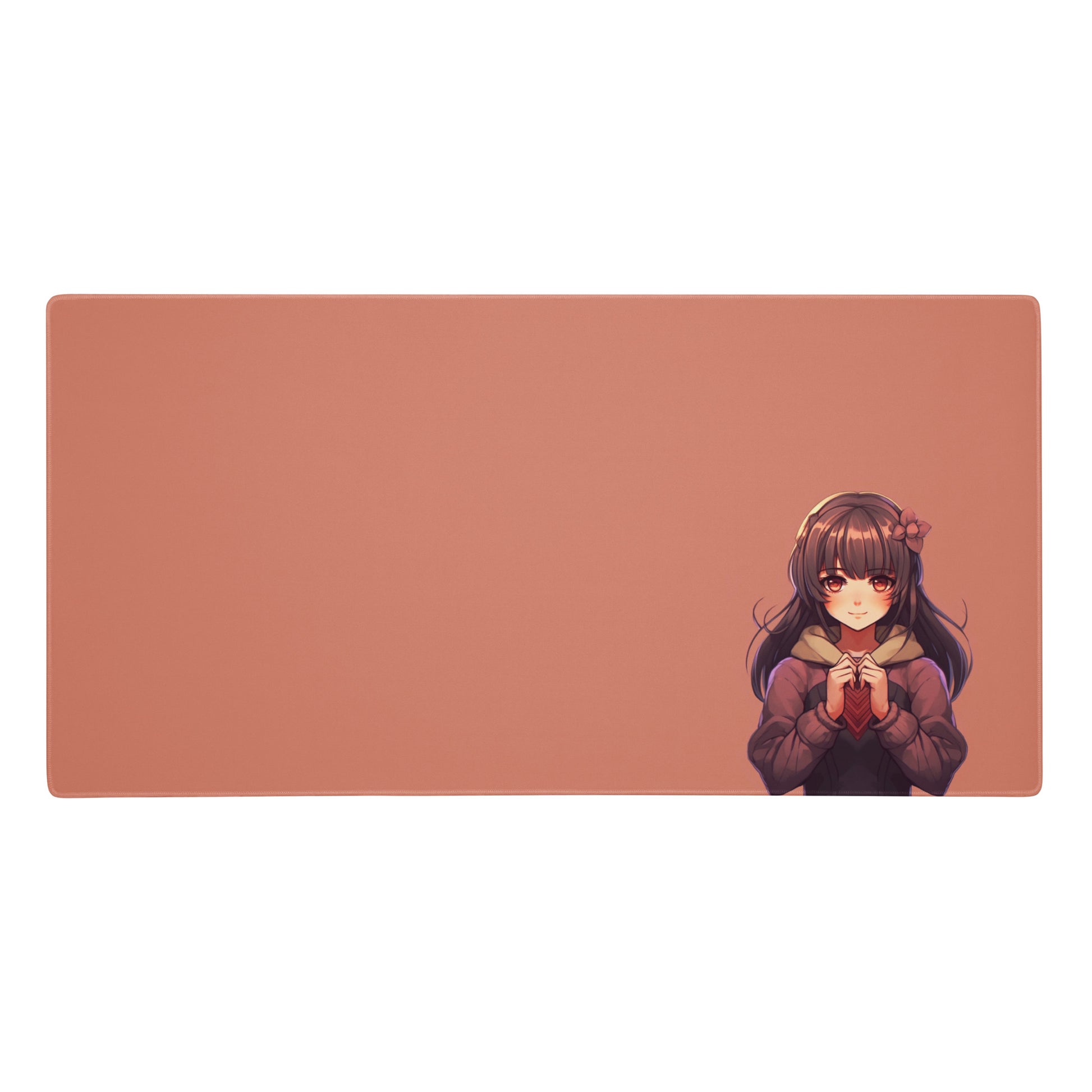 A 36" x 18" gaming desk pad with a blushing anime girl on a rose gold background.