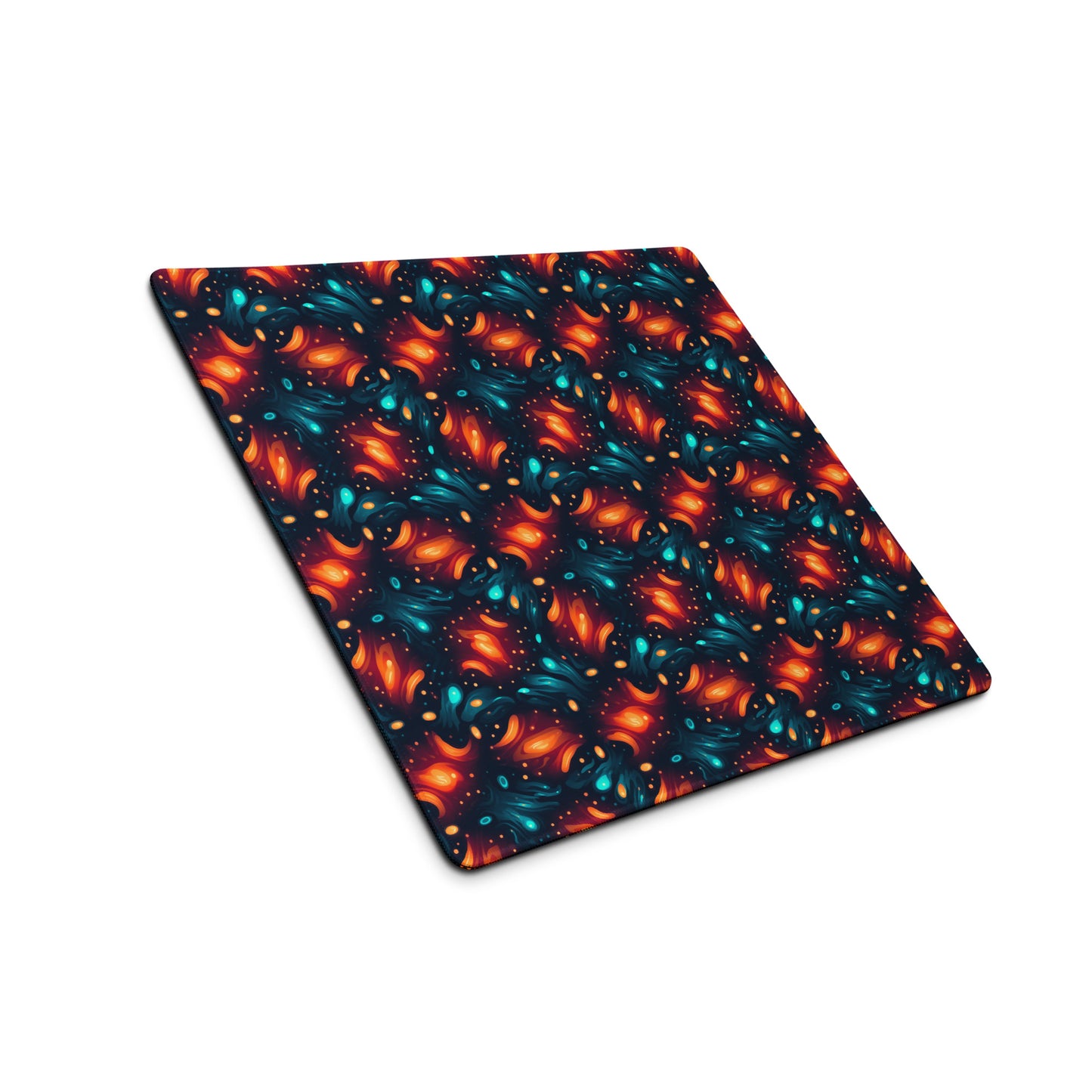 A 18" x 16" desk pad with a blue and orange abstract cross hatch pattern sitting at an angle.