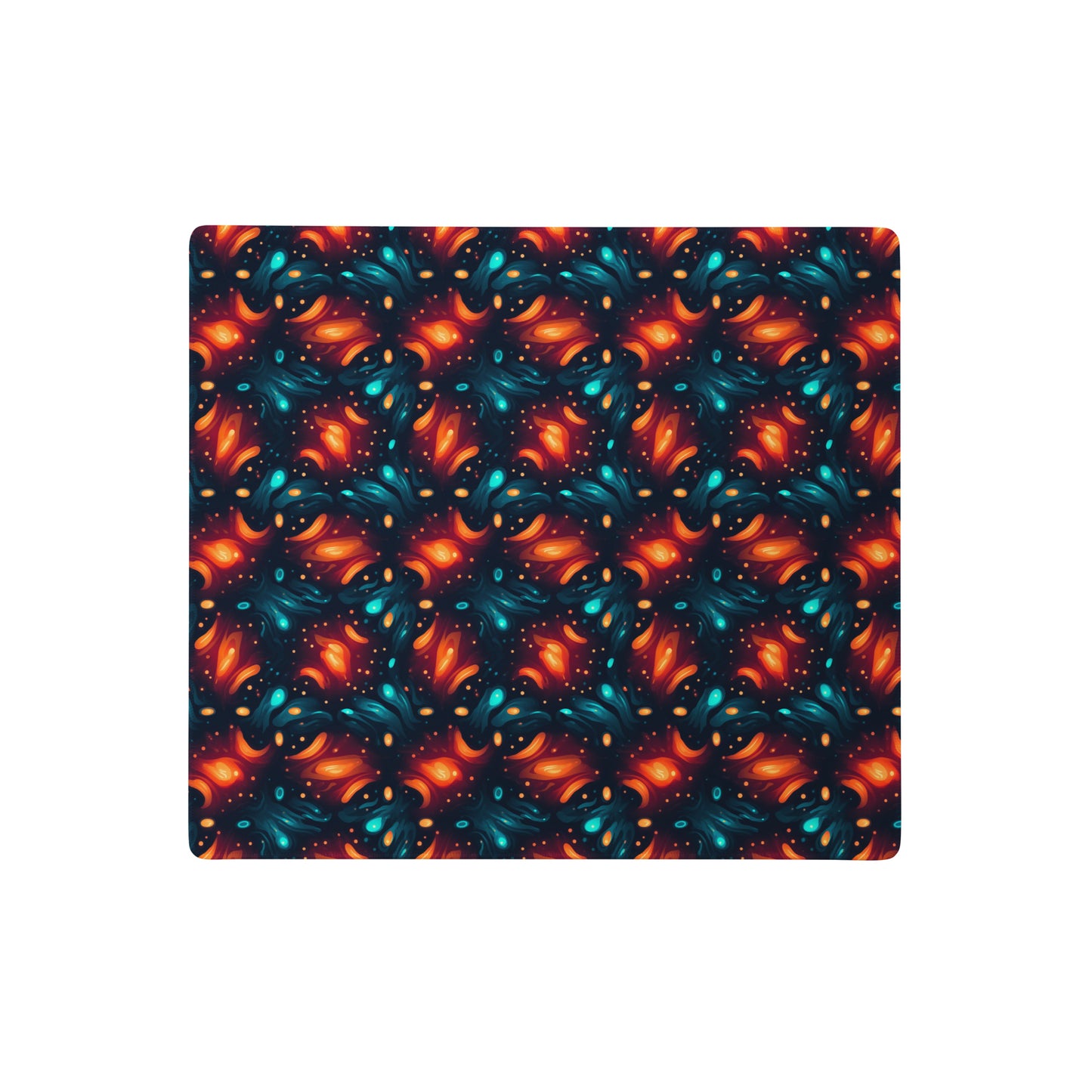 A 18" x 16" desk pad with a blue and orange abstract cross hatch pattern.