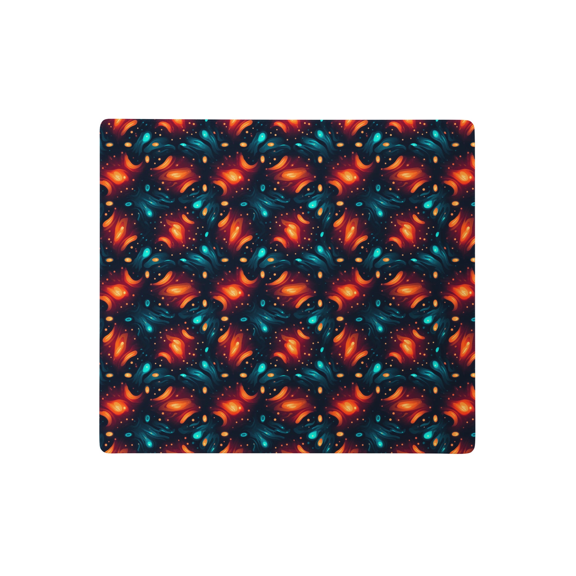 A 18" x 16" desk pad with a blue and orange abstract cross hatch pattern.