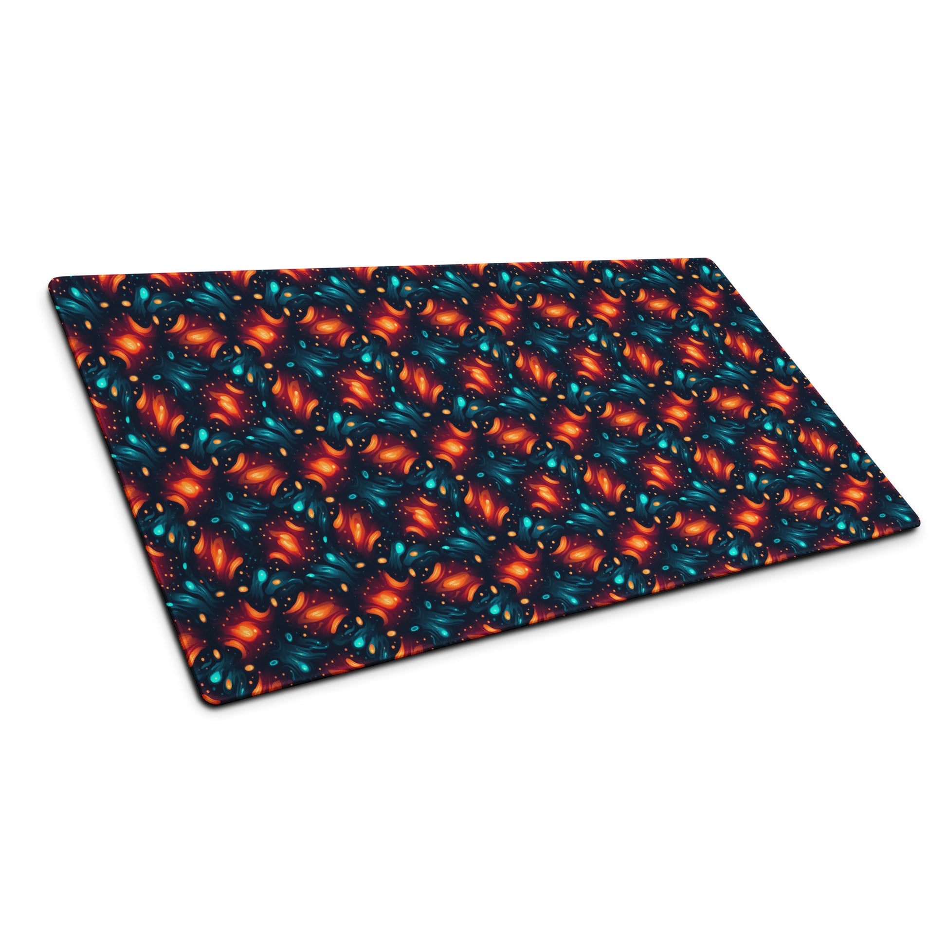A 36" x 18" desk pad with a blue and orange abstract cross hatch pattern sitting at an angle.