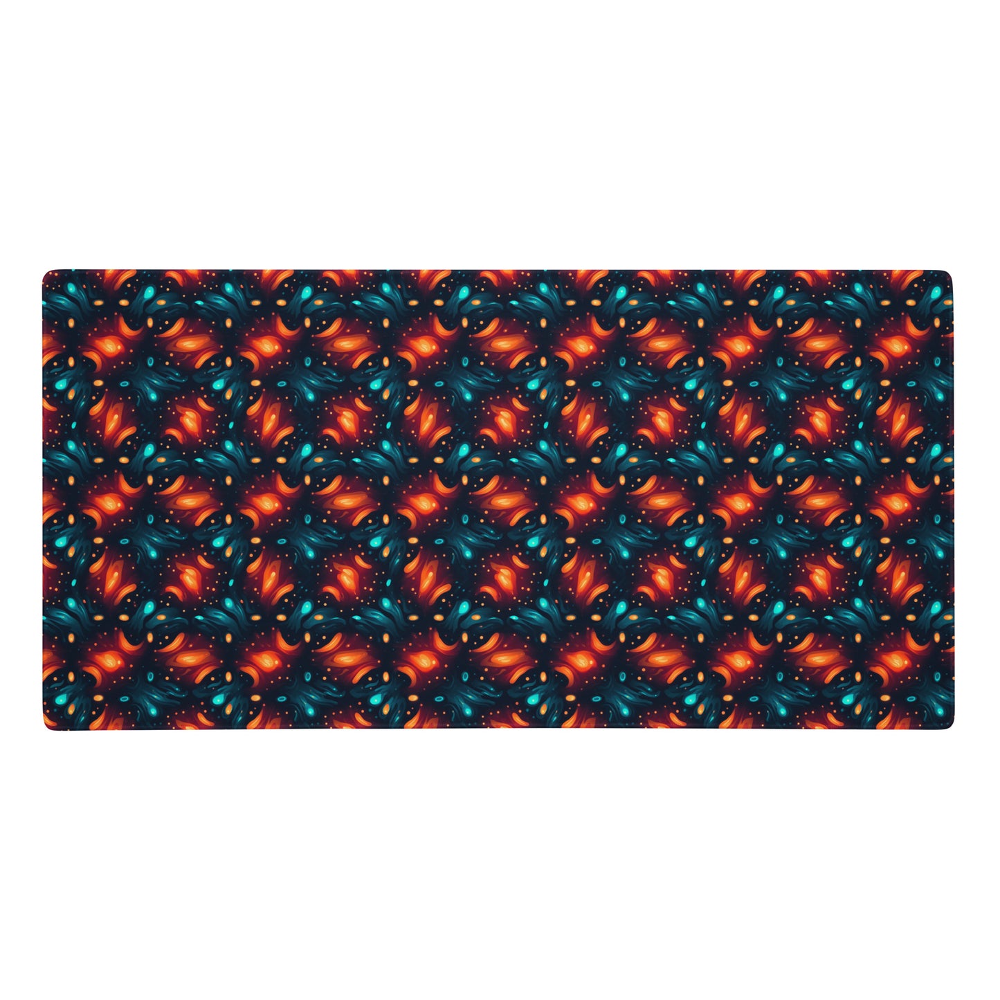 A 36" x 18" desk pad with a blue and orange abstract cross hatch pattern.