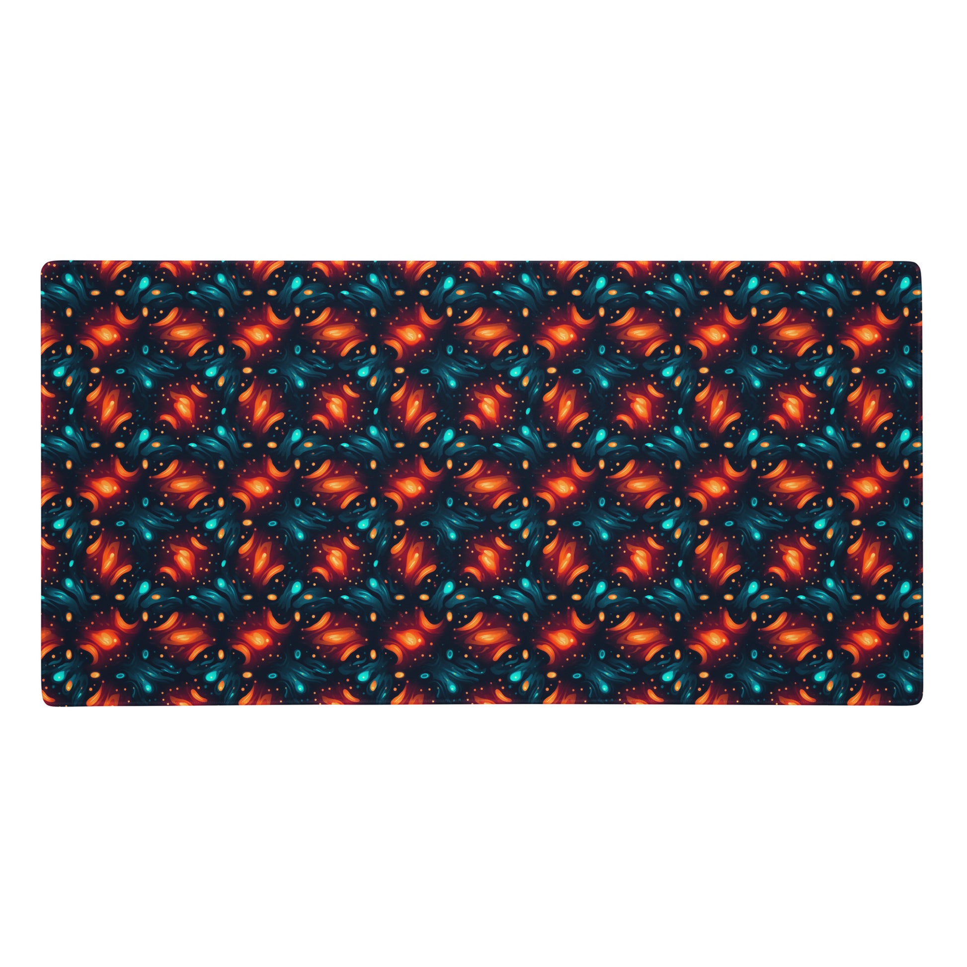 A 36" x 18" desk pad with a blue and orange abstract cross hatch pattern.