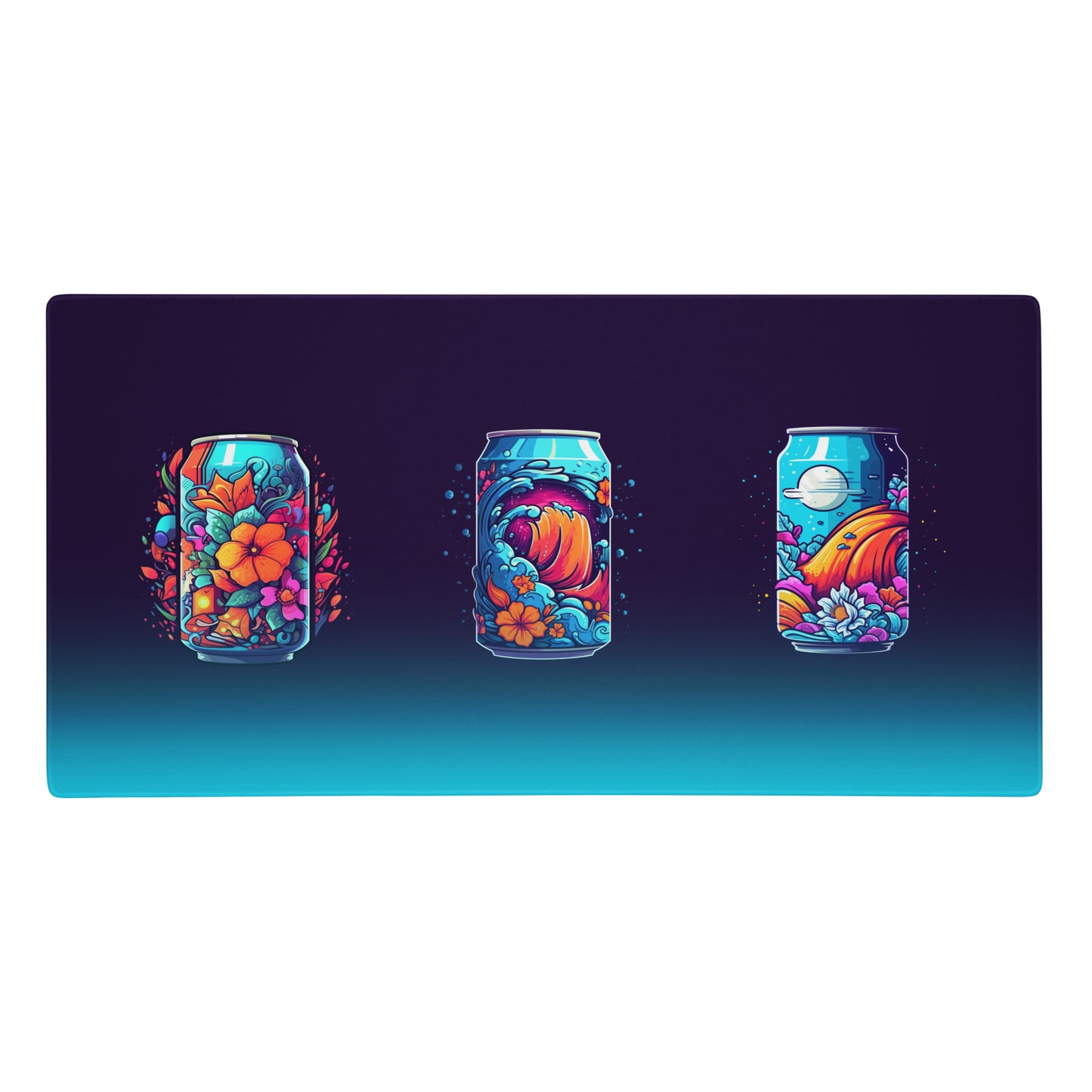 A 36" x 18" desk pad three soda cans that have a floral, wave, or space design.