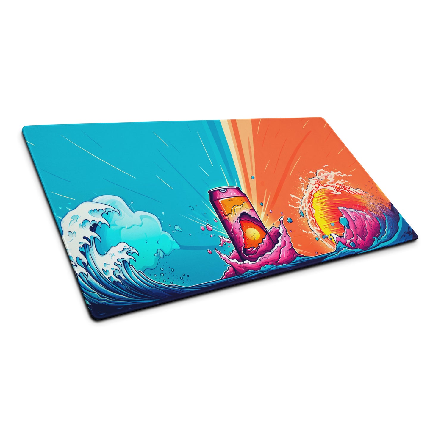 A 36" x 18" blue and orange desk pad with a soda can in the middle sitting at an angle.