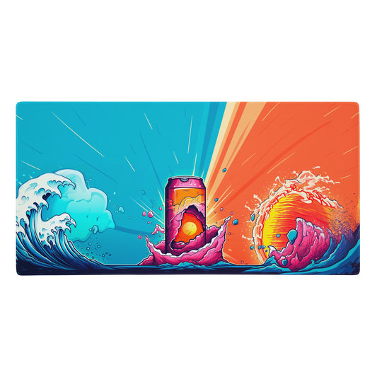 A 36" x 18" blue and orange desk pad with a soda can in the middle.