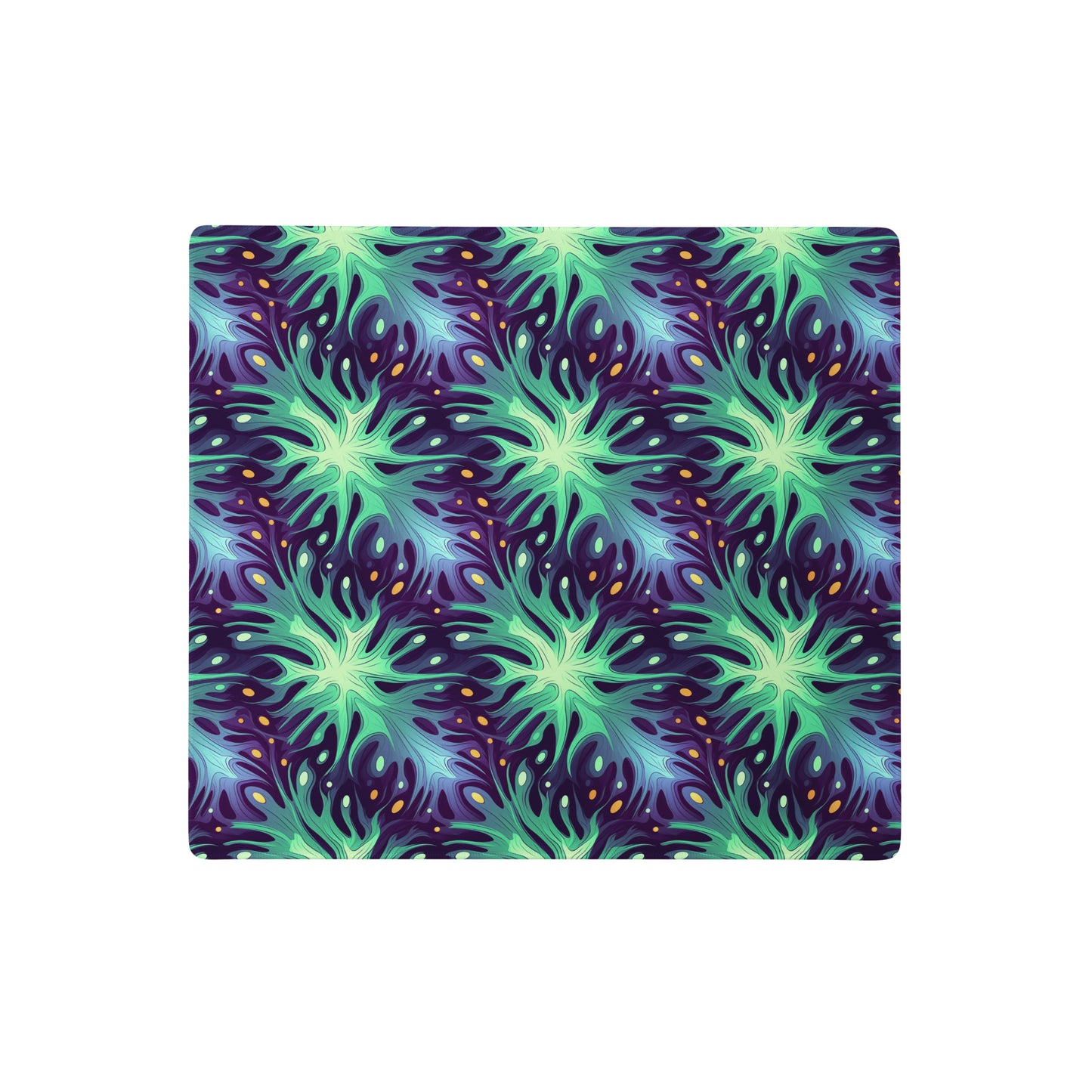 A 18" x 16" desk pad with a green and blue abstract pattern.