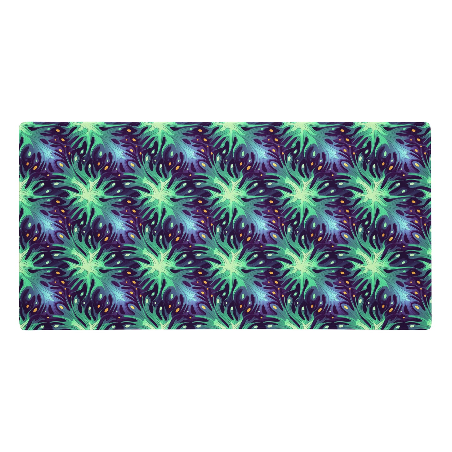 A 36" x 18" desk pad with a green and blue abstract pattern.