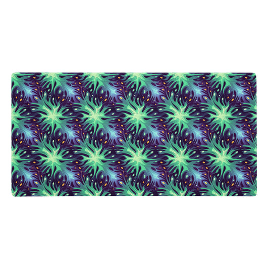 A 36" x 18" desk pad with a green and blue abstract pattern.