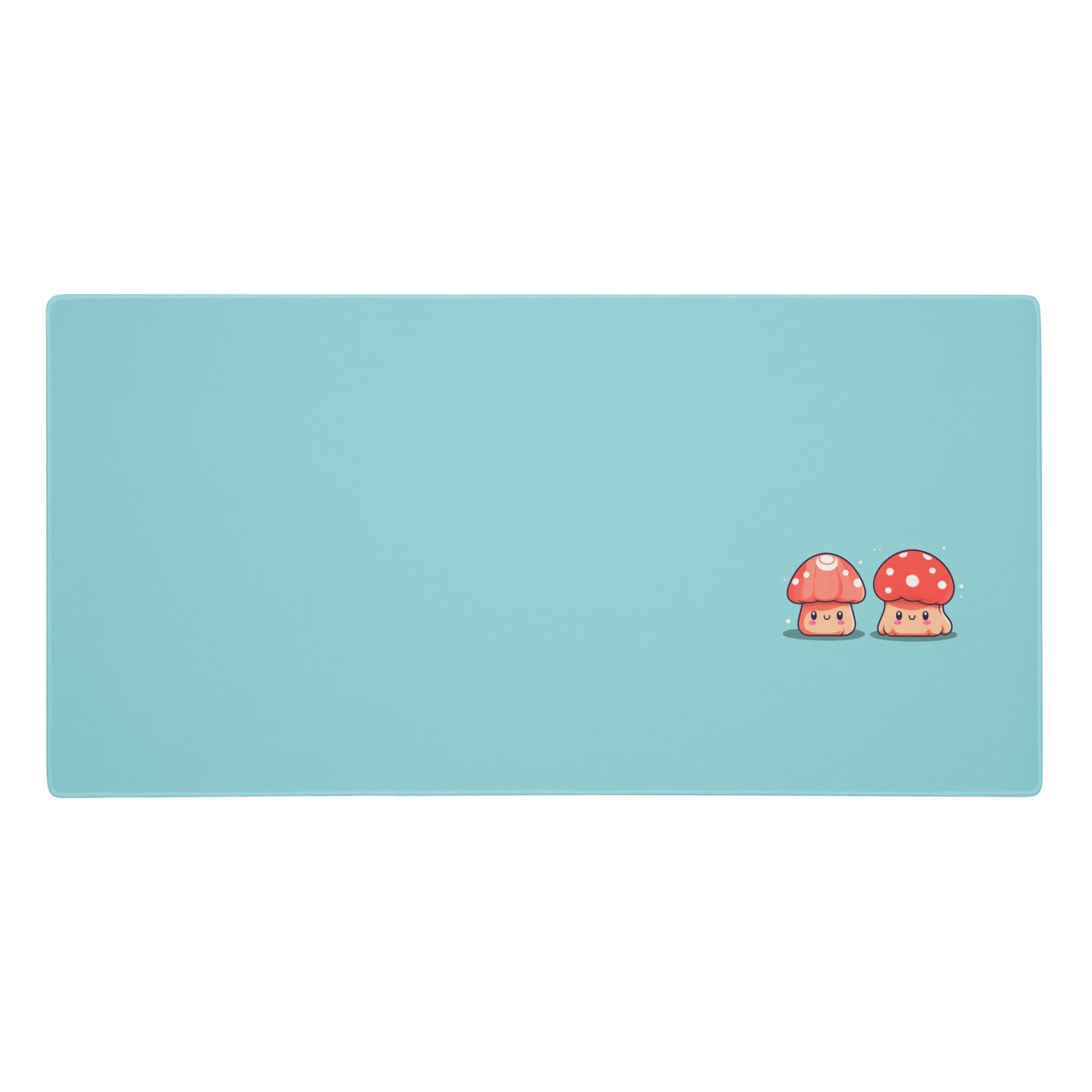 A gaming desk pad with two kawaii mushrooms on a blue background.