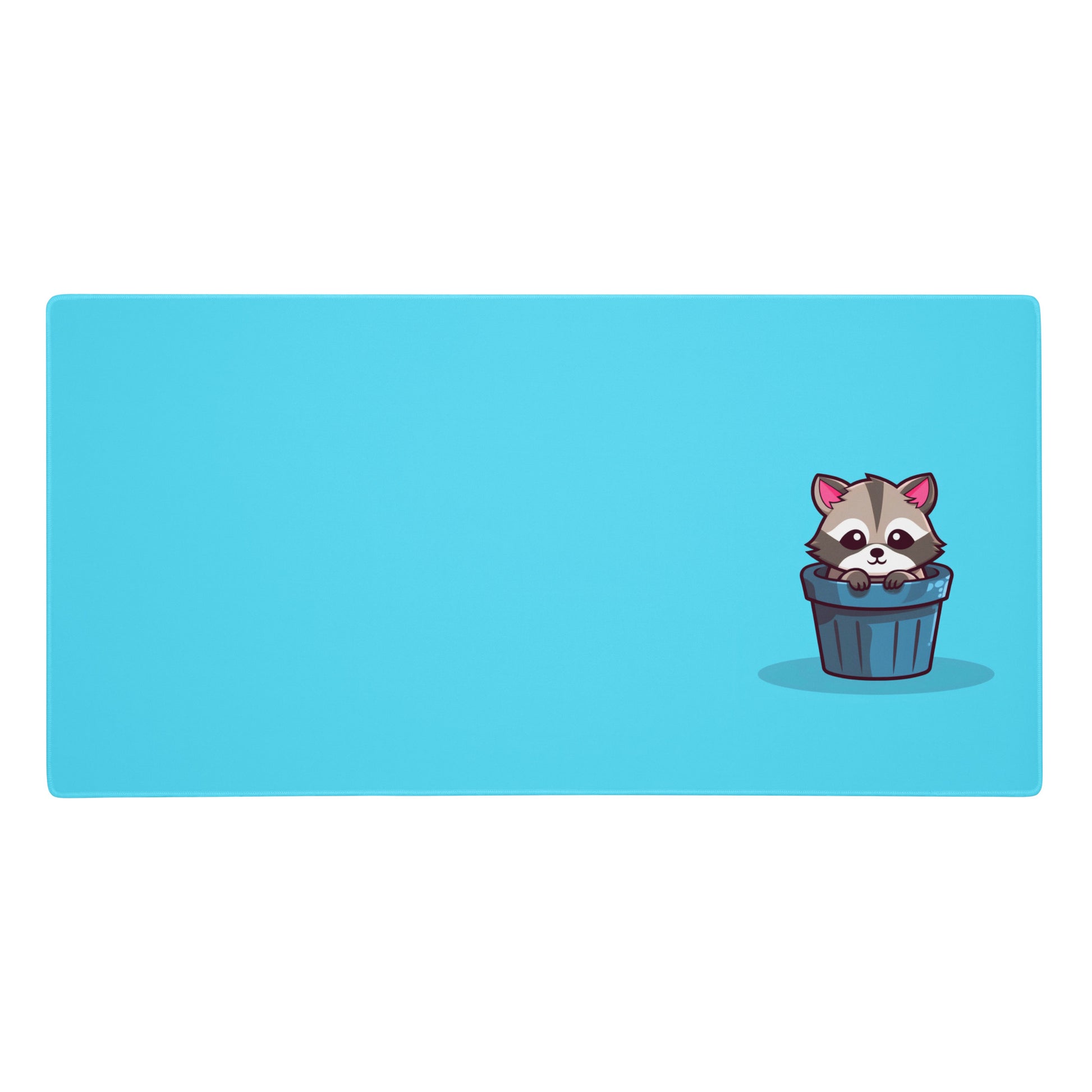 A gaming desk pad with a kawaii raccoon in a garbage can on a blue background.